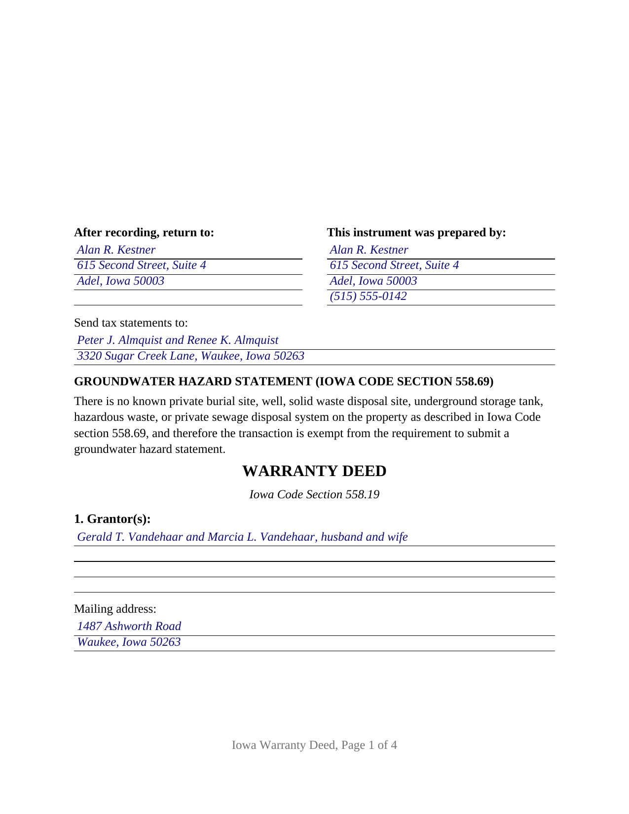 Wapello County Completed Example of the Warranty Deed Document