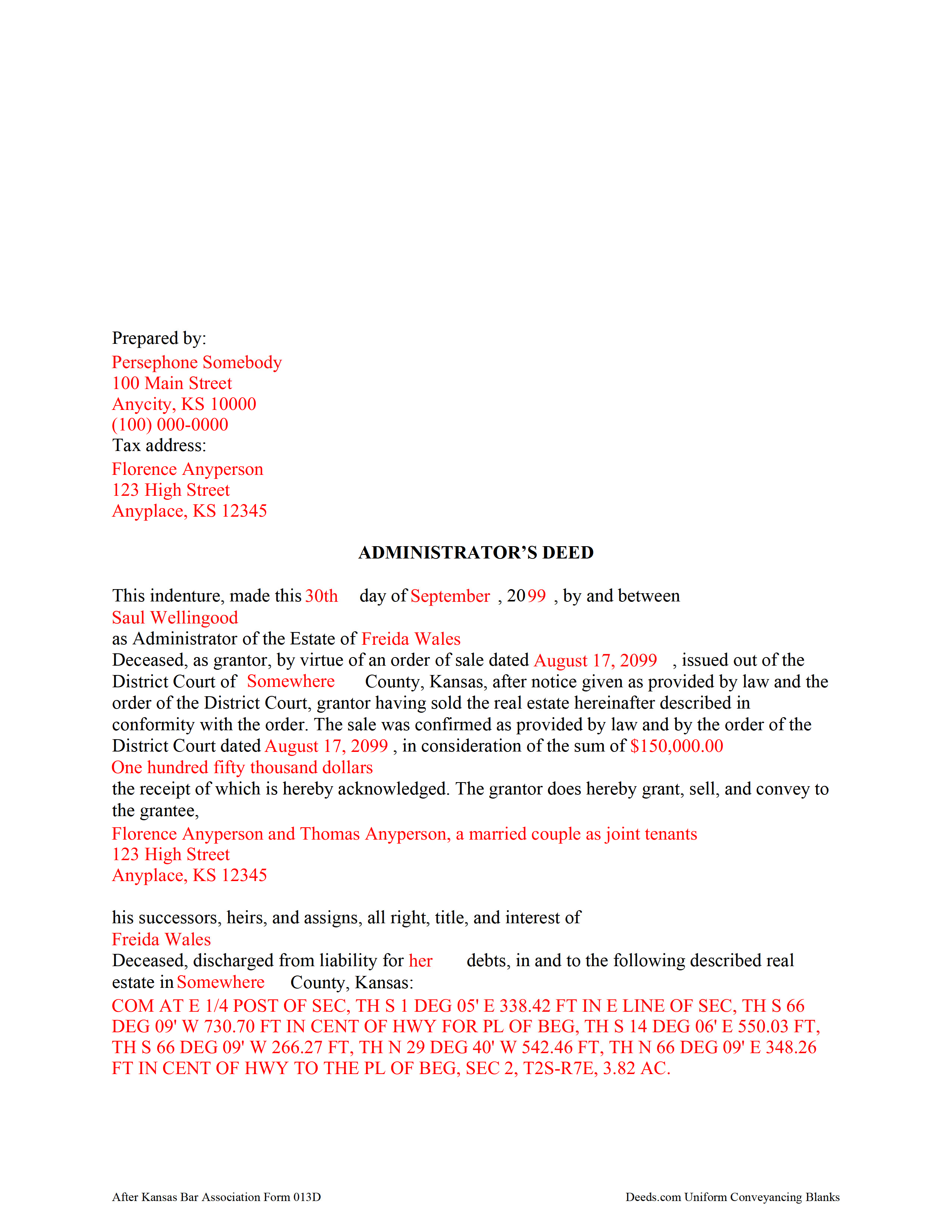 Doniphan County Completed Example of the Administrator Deed Document