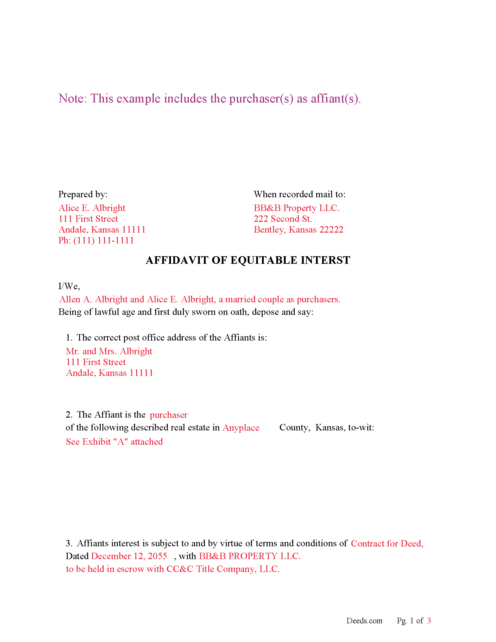 Completed Example of the Affidavit for Equitable Interest Document