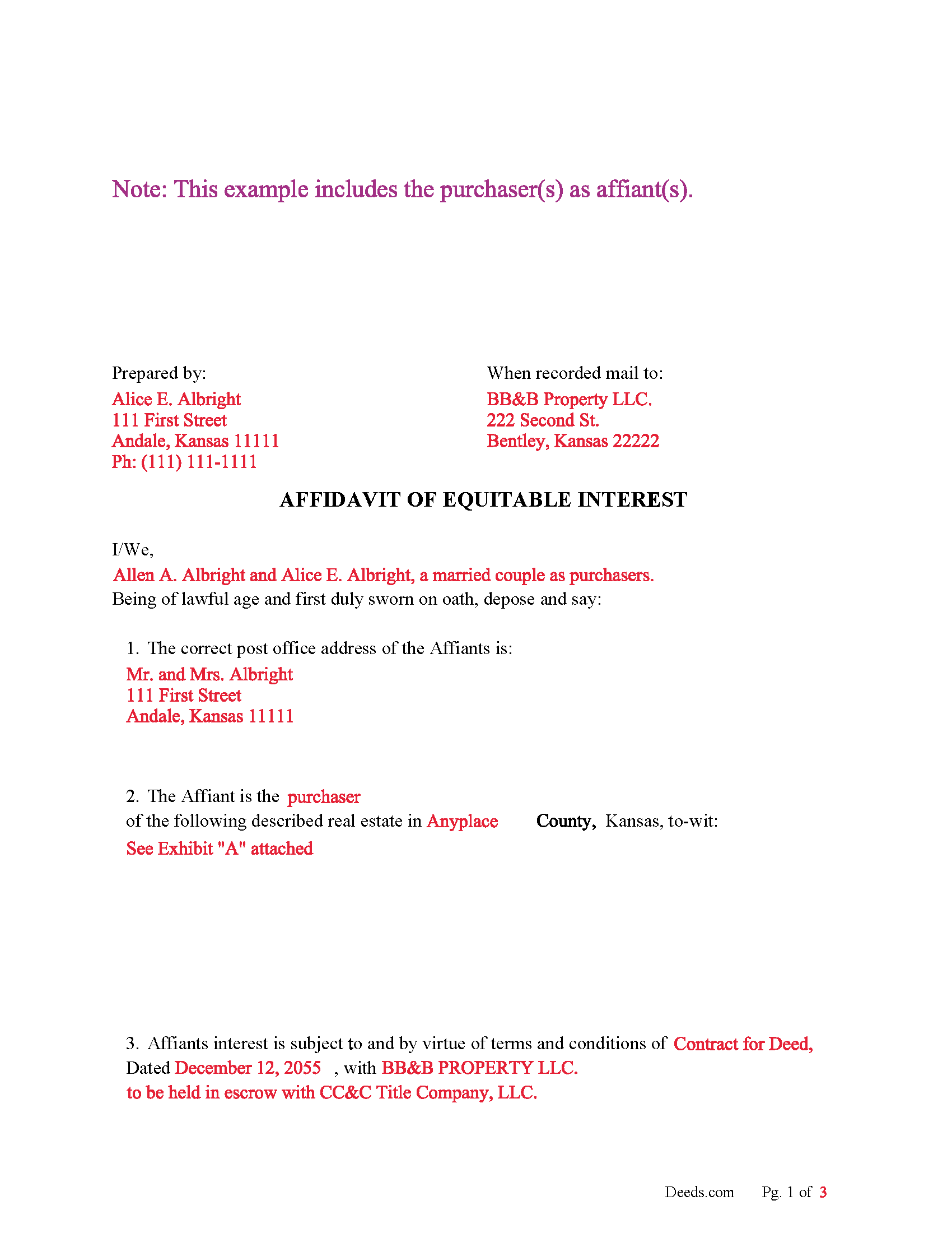 Doniphan County Completed Example of the Affidavit for Equitable Interest Document