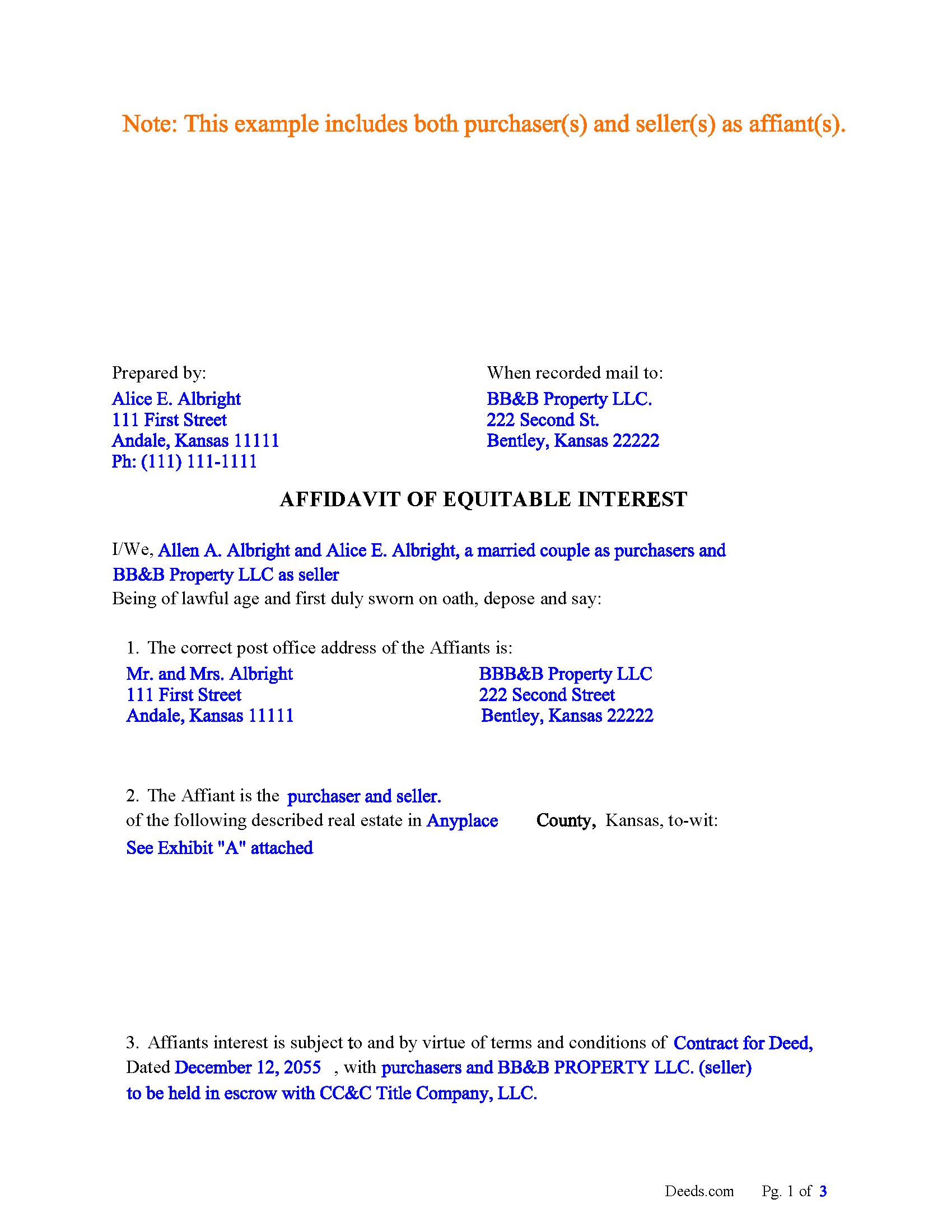 Doniphan County Completed Example of the Affidavit for Equitable Interest Document