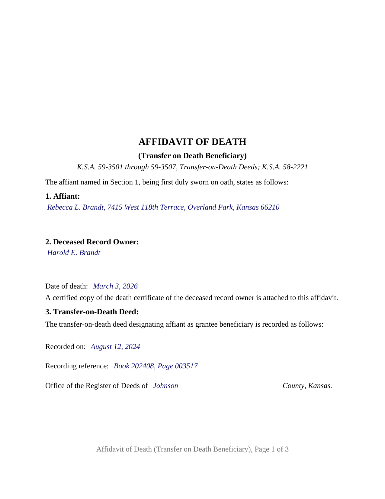 Seward County Completed Example of the Affidavit of Death (Transfer on Death Beneficiary) Document