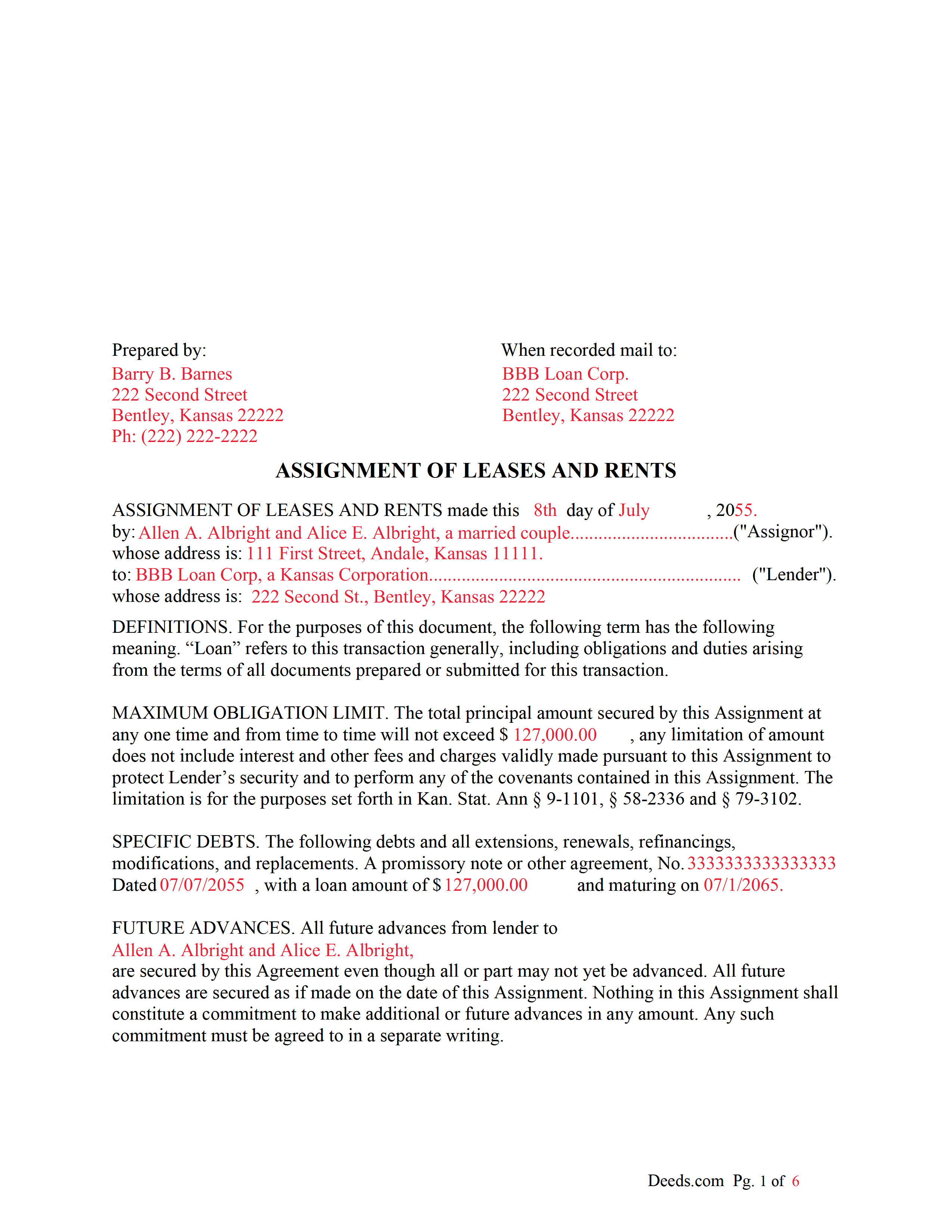 Completed Example of the Assignment of Leases and Rents Document
