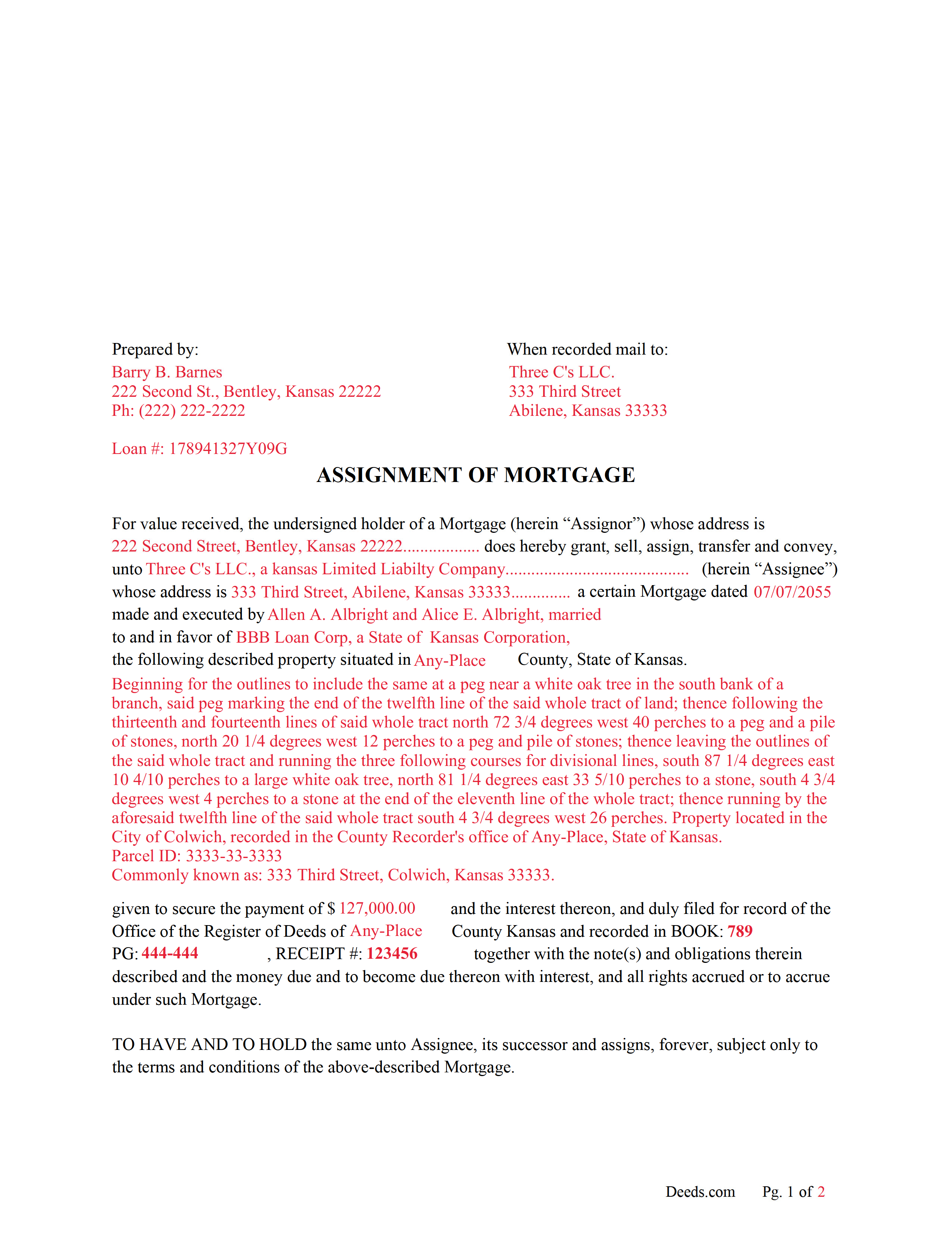 Completed Example of the Assignment of Mortgage Document