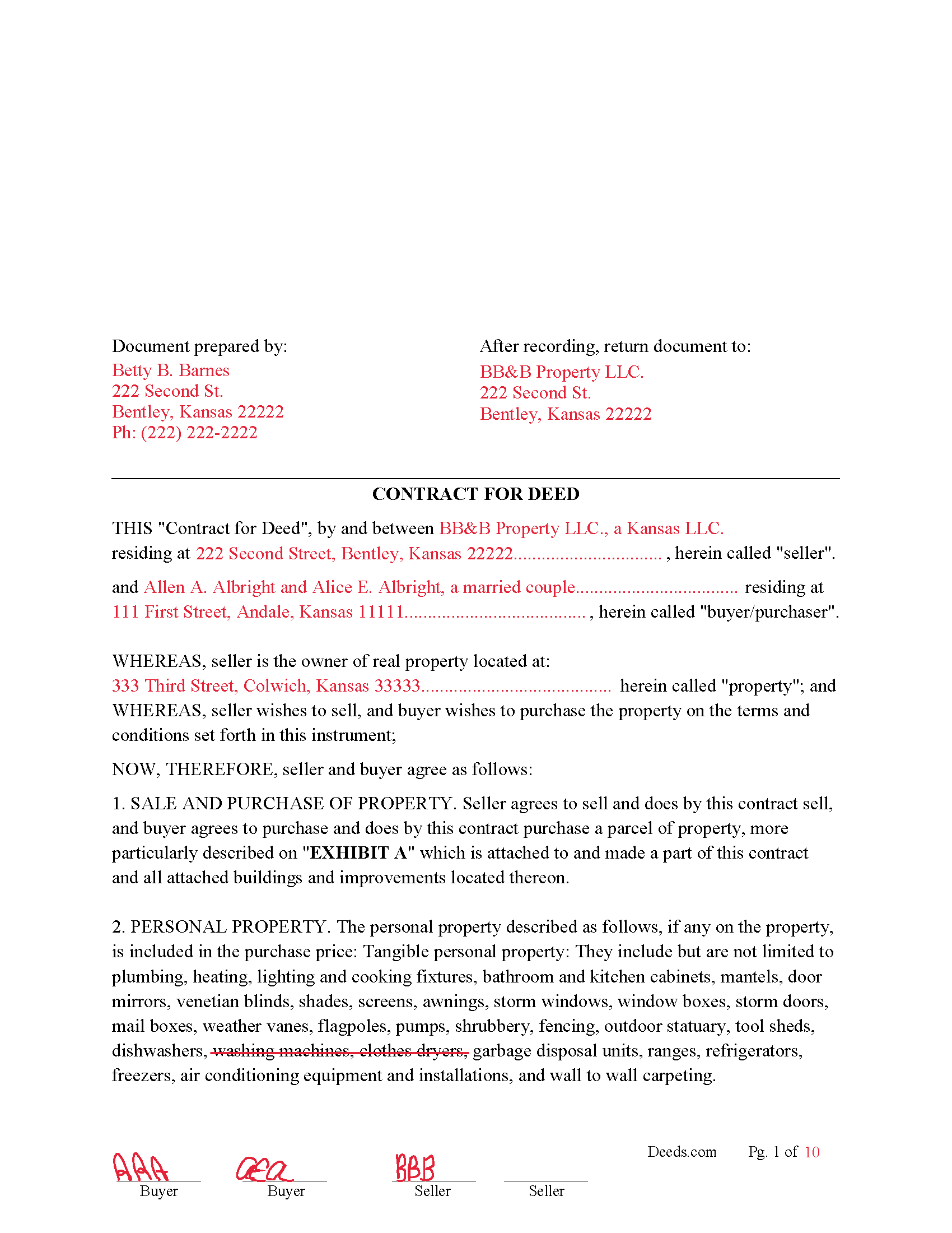 Doniphan County Completed Example of the Contract for Deed Document