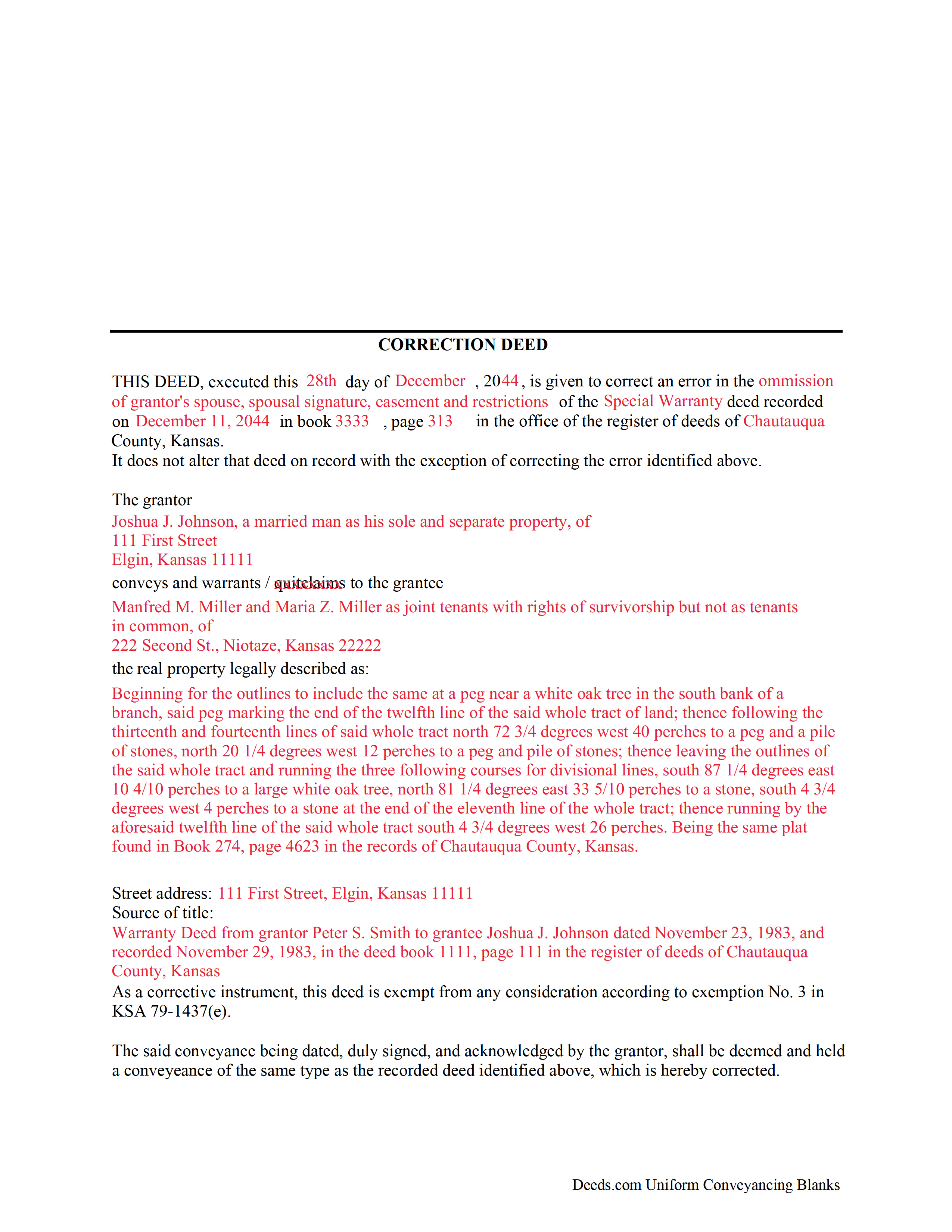 Doniphan County Completed Example of the Correction Deed Document