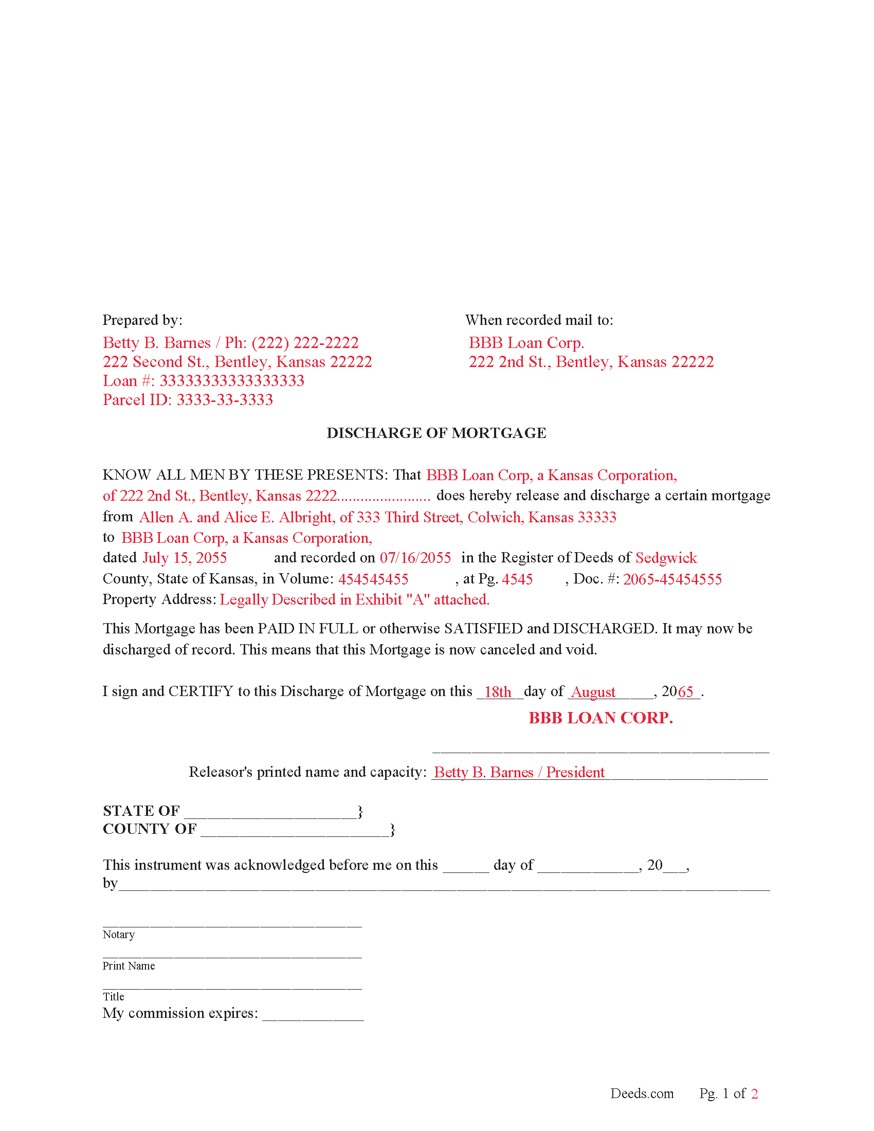 Completed Example of the Discharge of Mortgage Document