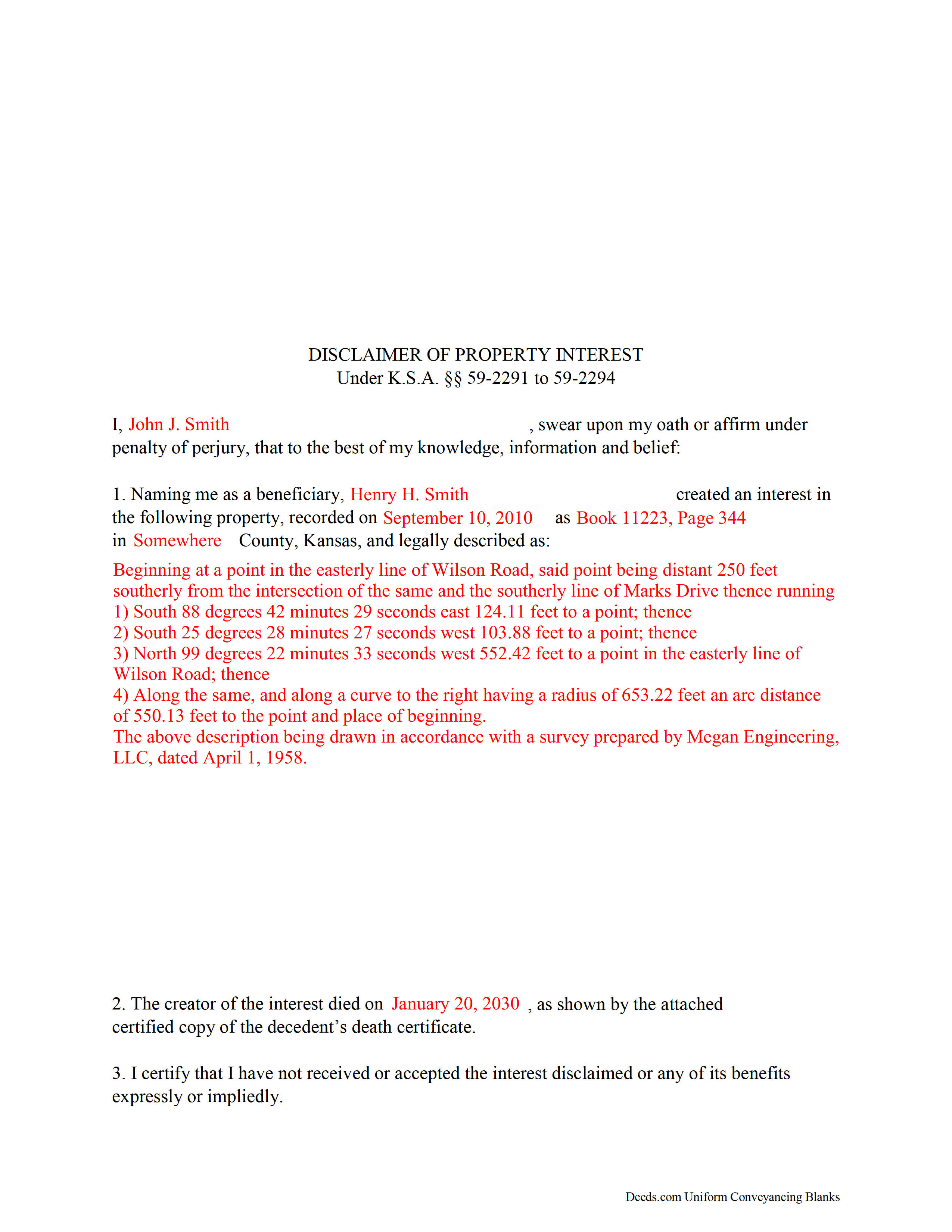 Doniphan County Completed Example of the Disclaimer of Interest Document