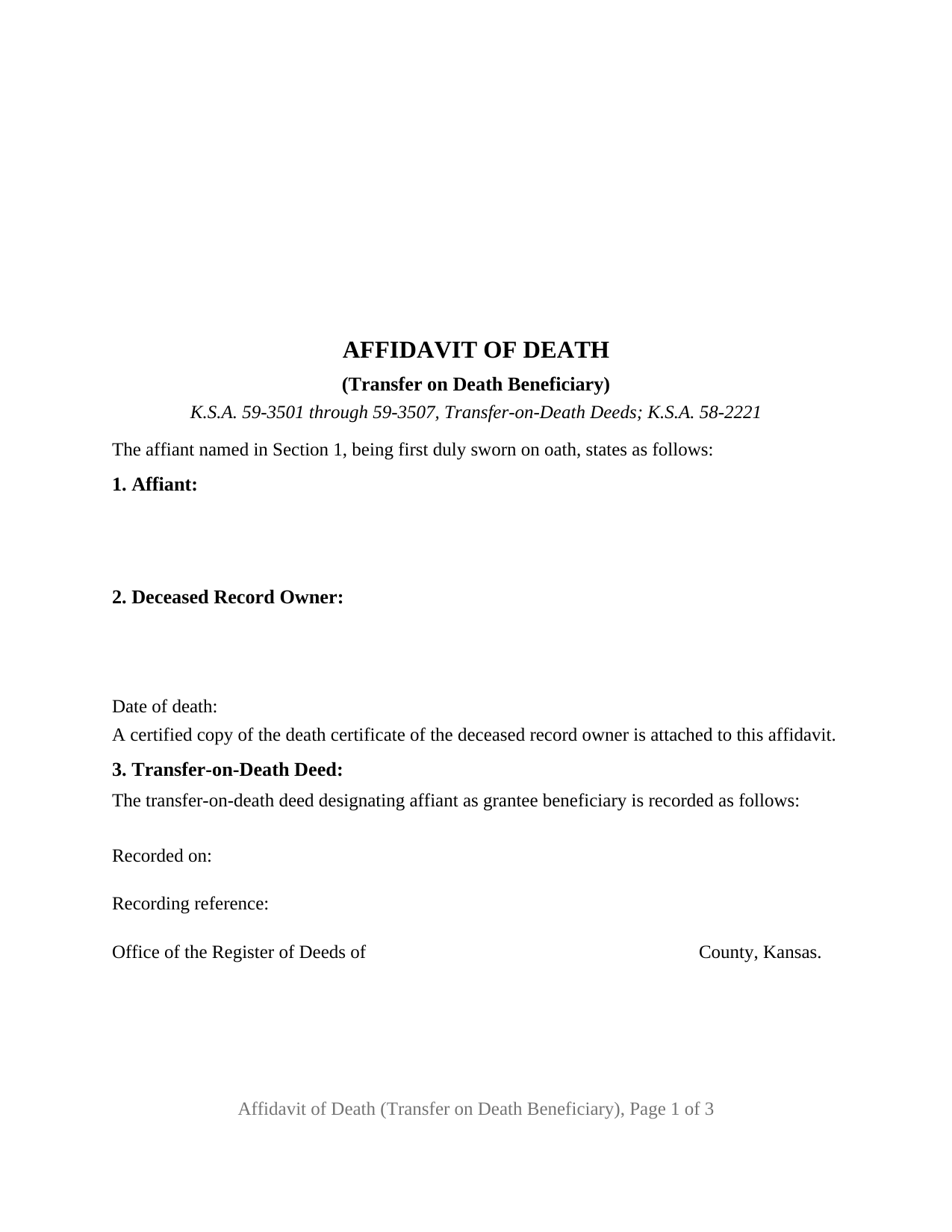 Kansas Affidavit of Death (Transfer on Death Beneficiary)