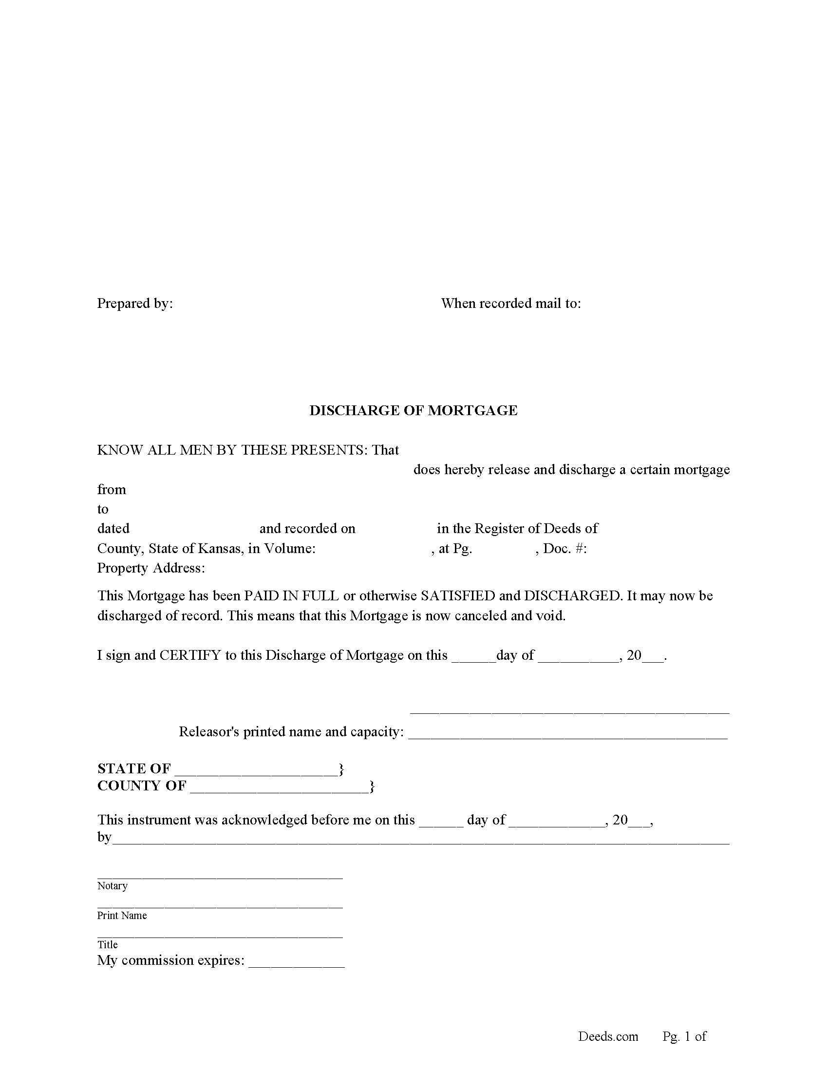 Kansas Discharge of Mortgage Image