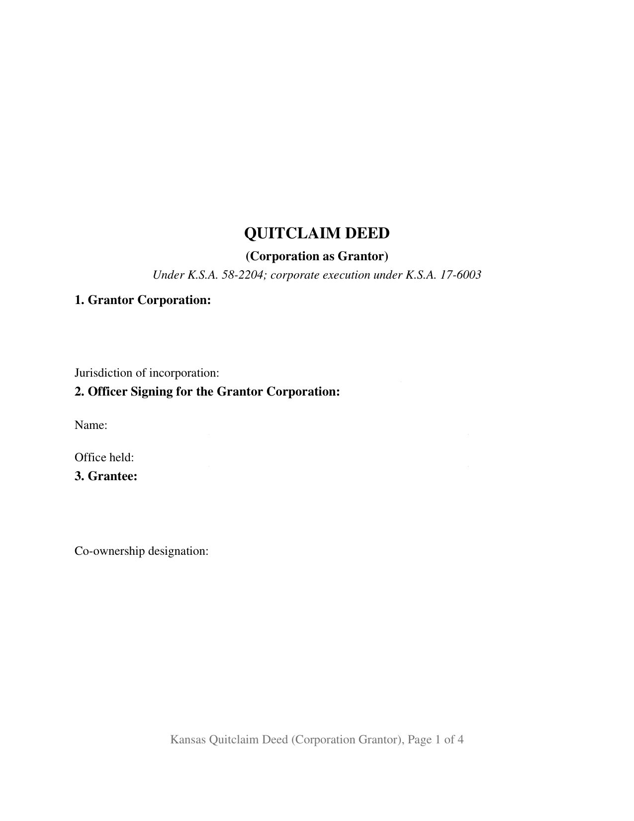 Kansas Quitclaim Deed (Corporation Grantor)