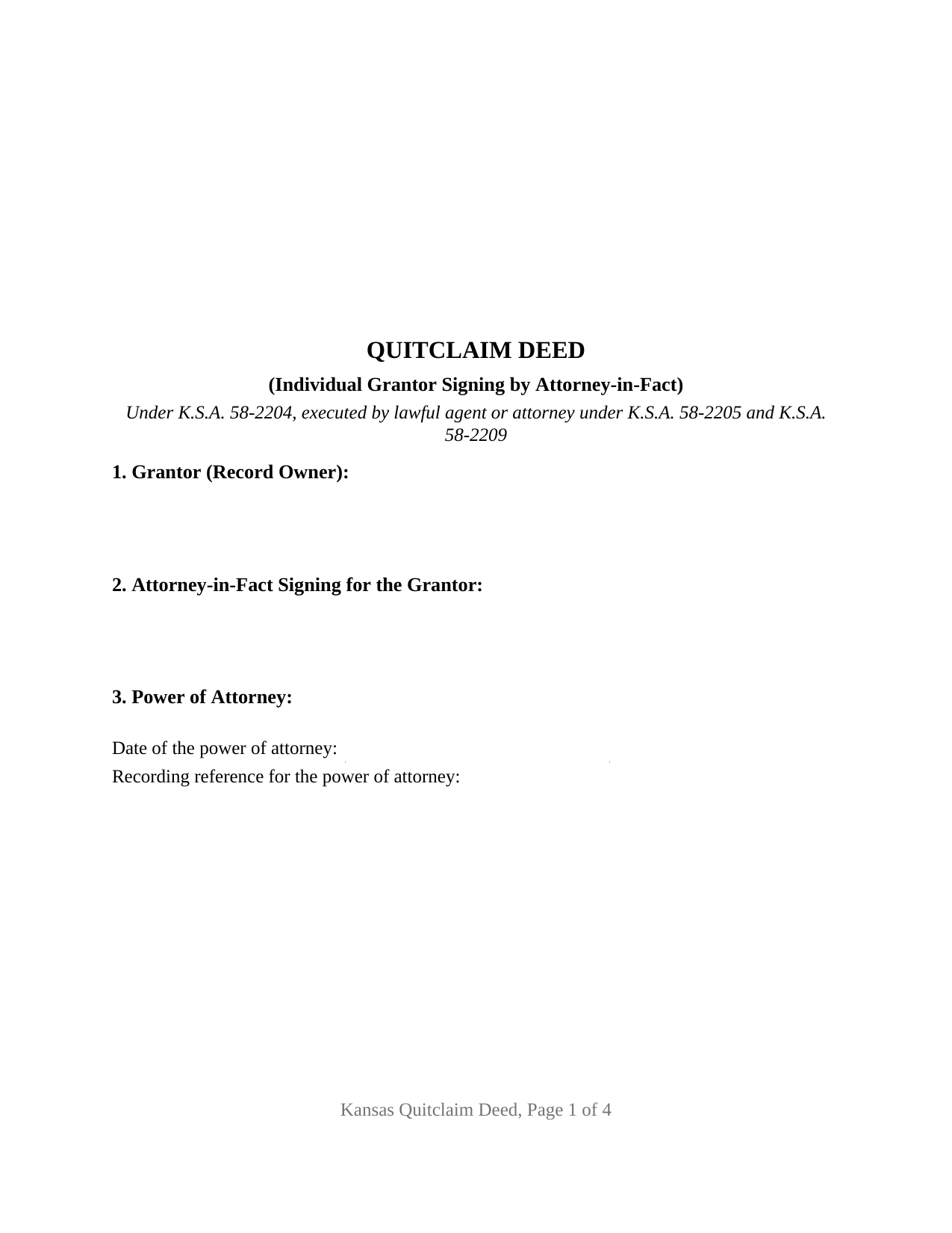 Kansas Quitclaim Deed (Individual Grantor by Attorney-in-Fact)