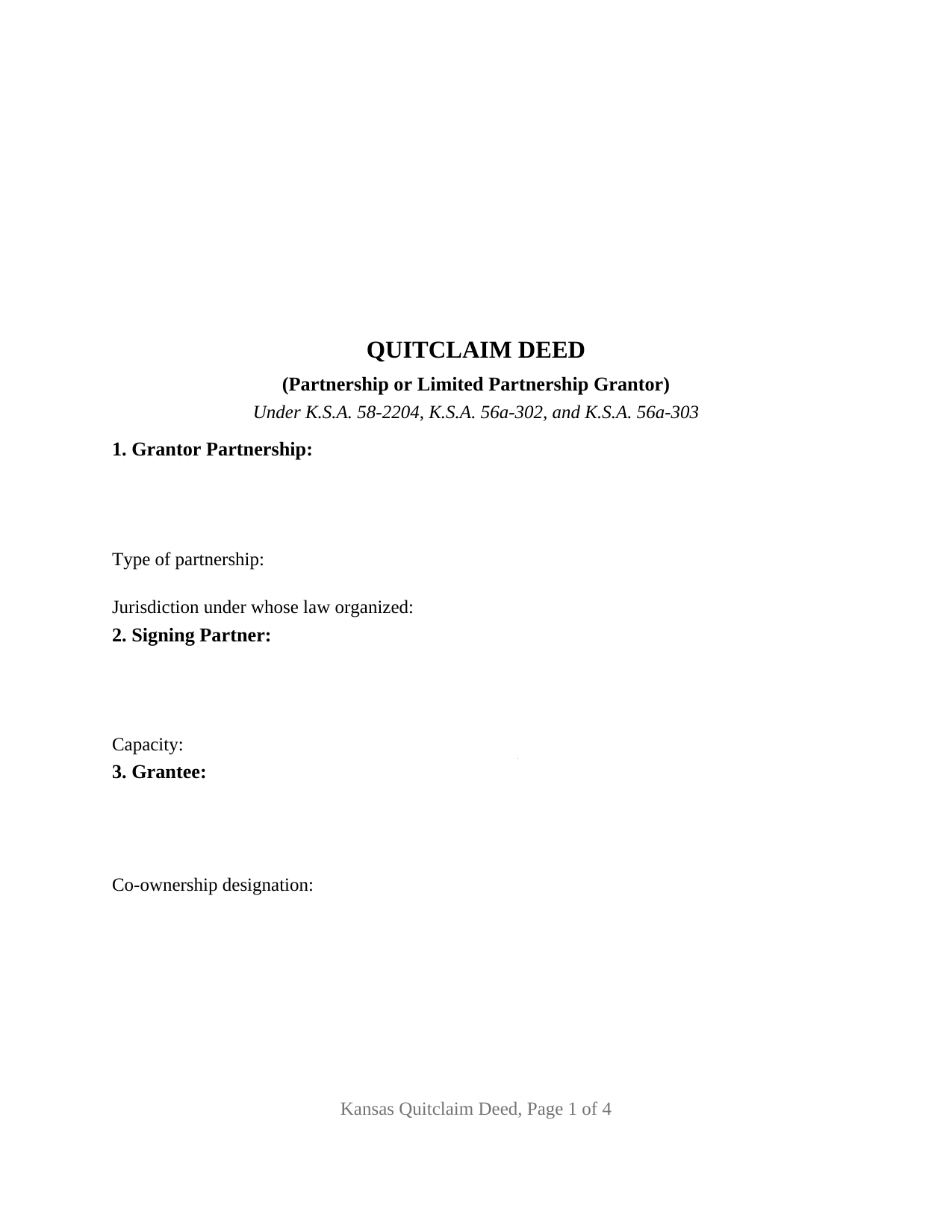 Kansas Quitclaim Deed (Partnership or Limited Partnership Grantor)