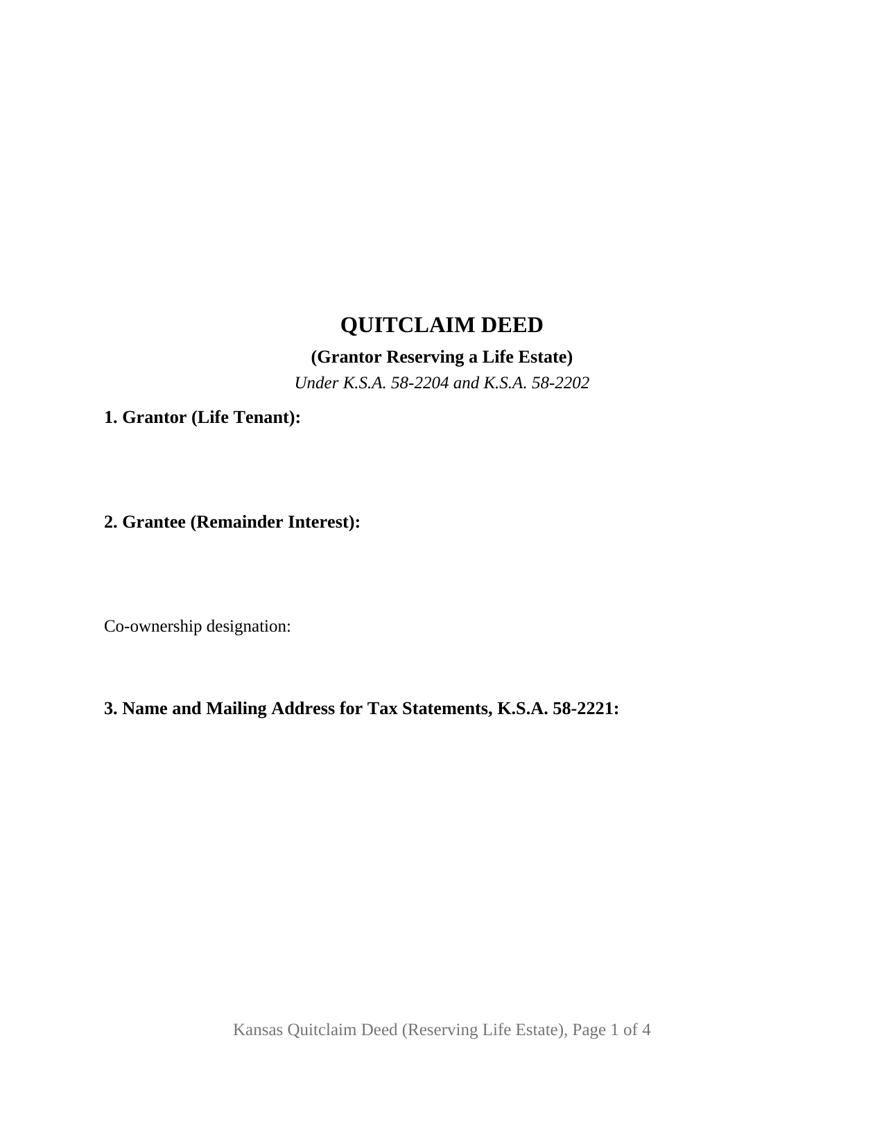 Kansas Quitclaim Deed (Reserving Life Estate)