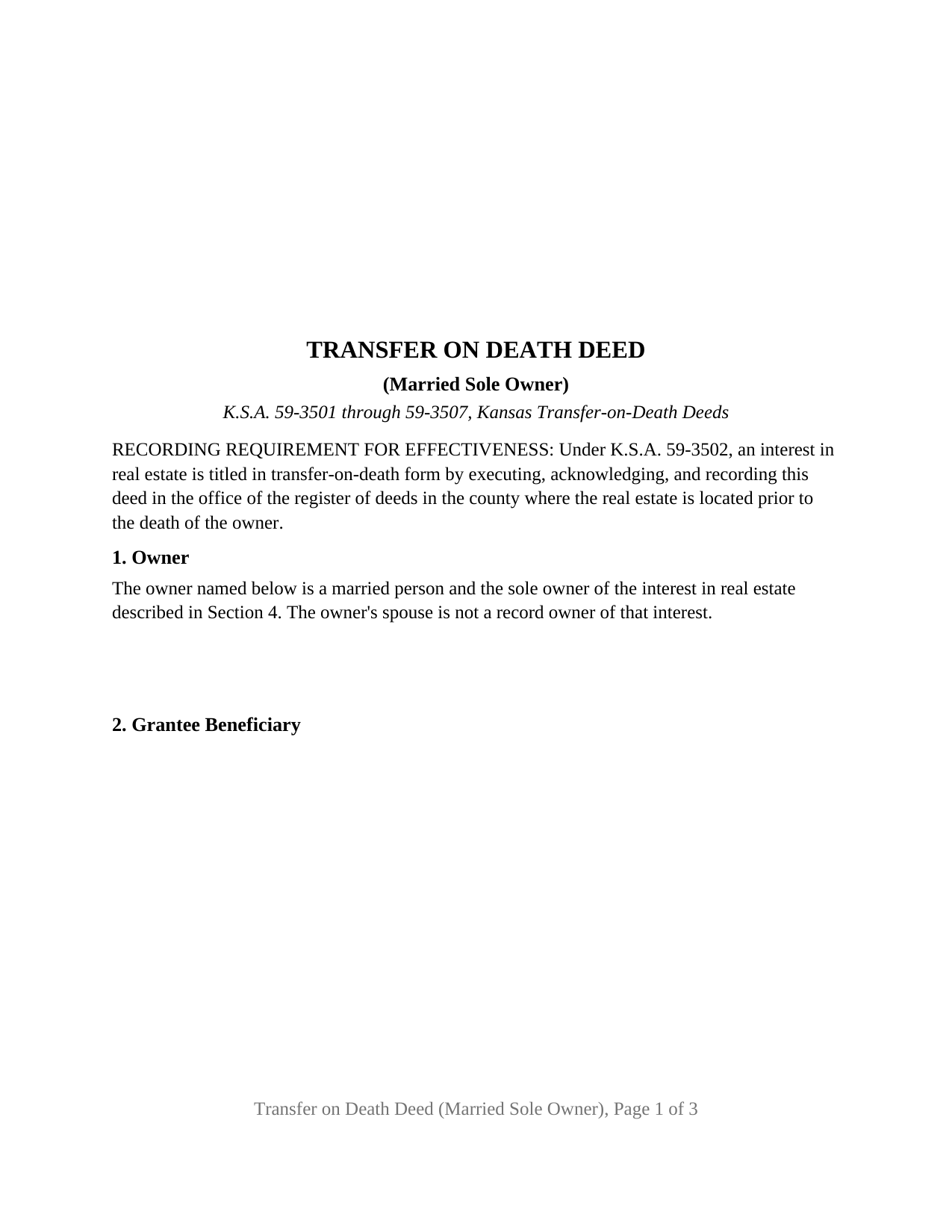 Kansas Transfer on Death Deed (Married Sole Owner)
