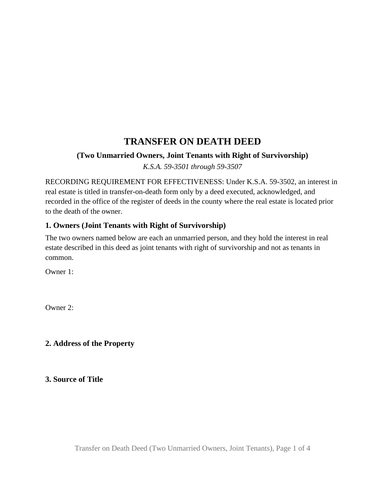 Kansas Transfer on Death Deed (Two Unmarried Owners - Joint Tenants with Right of Survivorship)