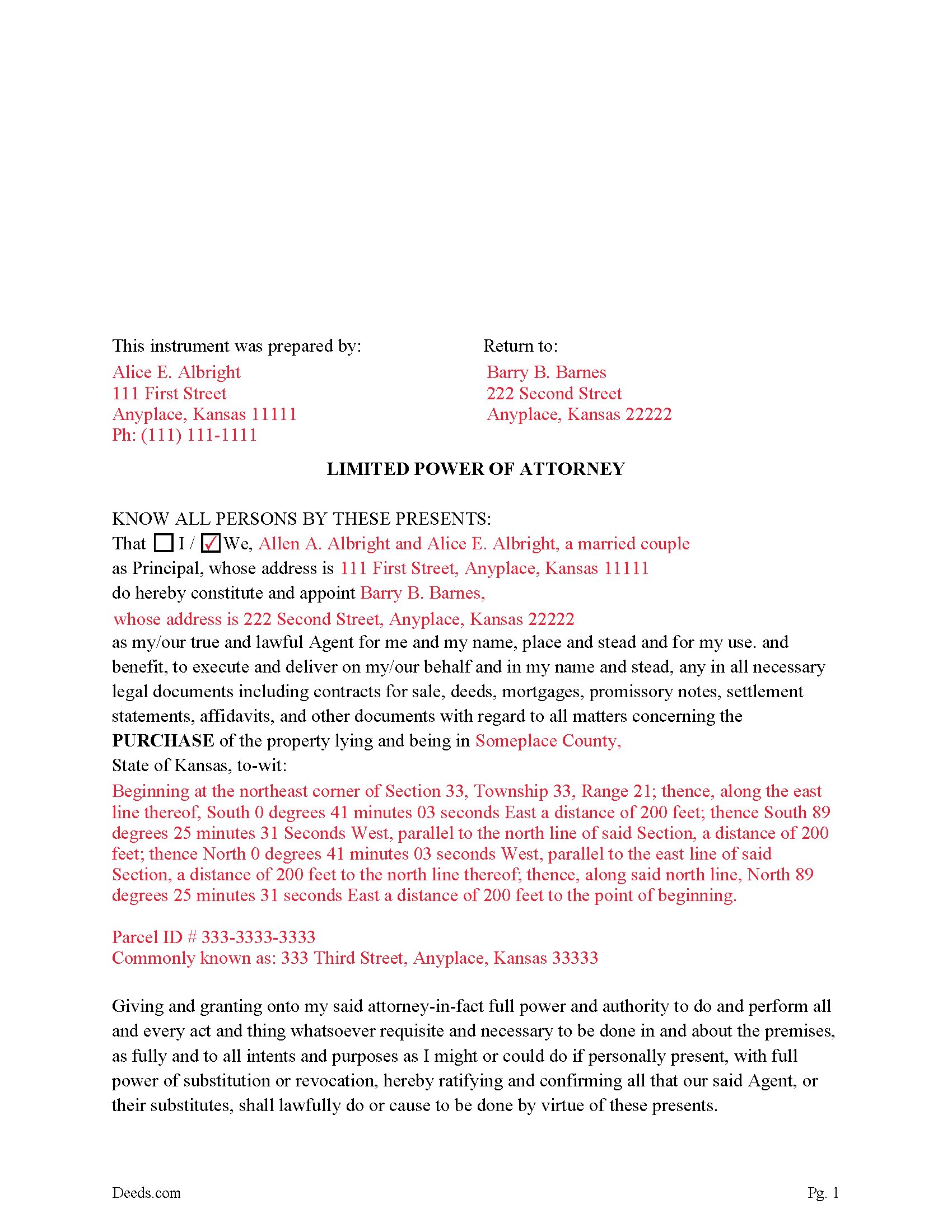 Completed Example of the Limited Power of Attorney for Purchase Document