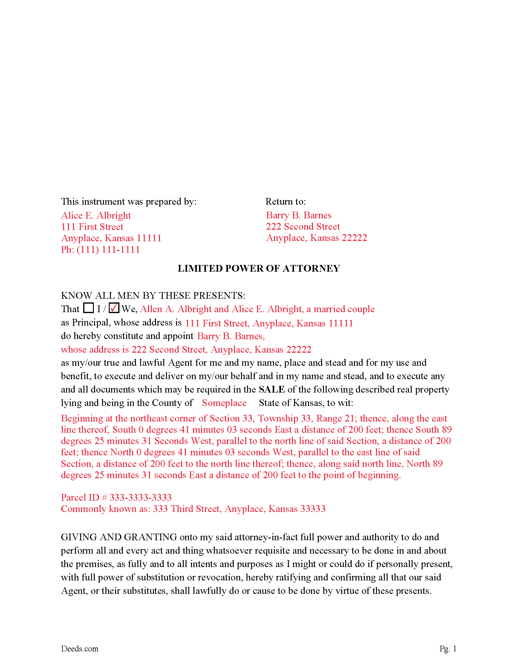 Completed Example of the Limited Power of Attorney for Sale Document