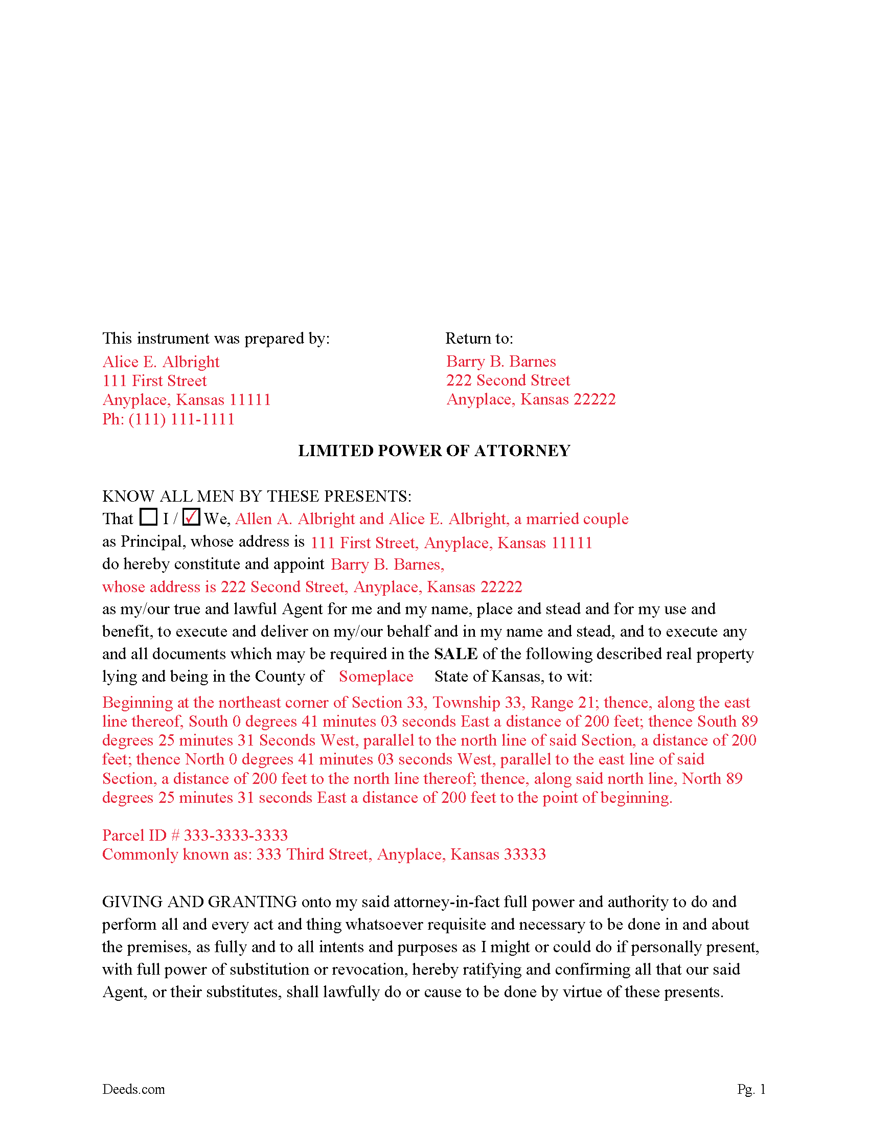Doniphan County Completed Example of the Limited Power of Attorney for Sale Document