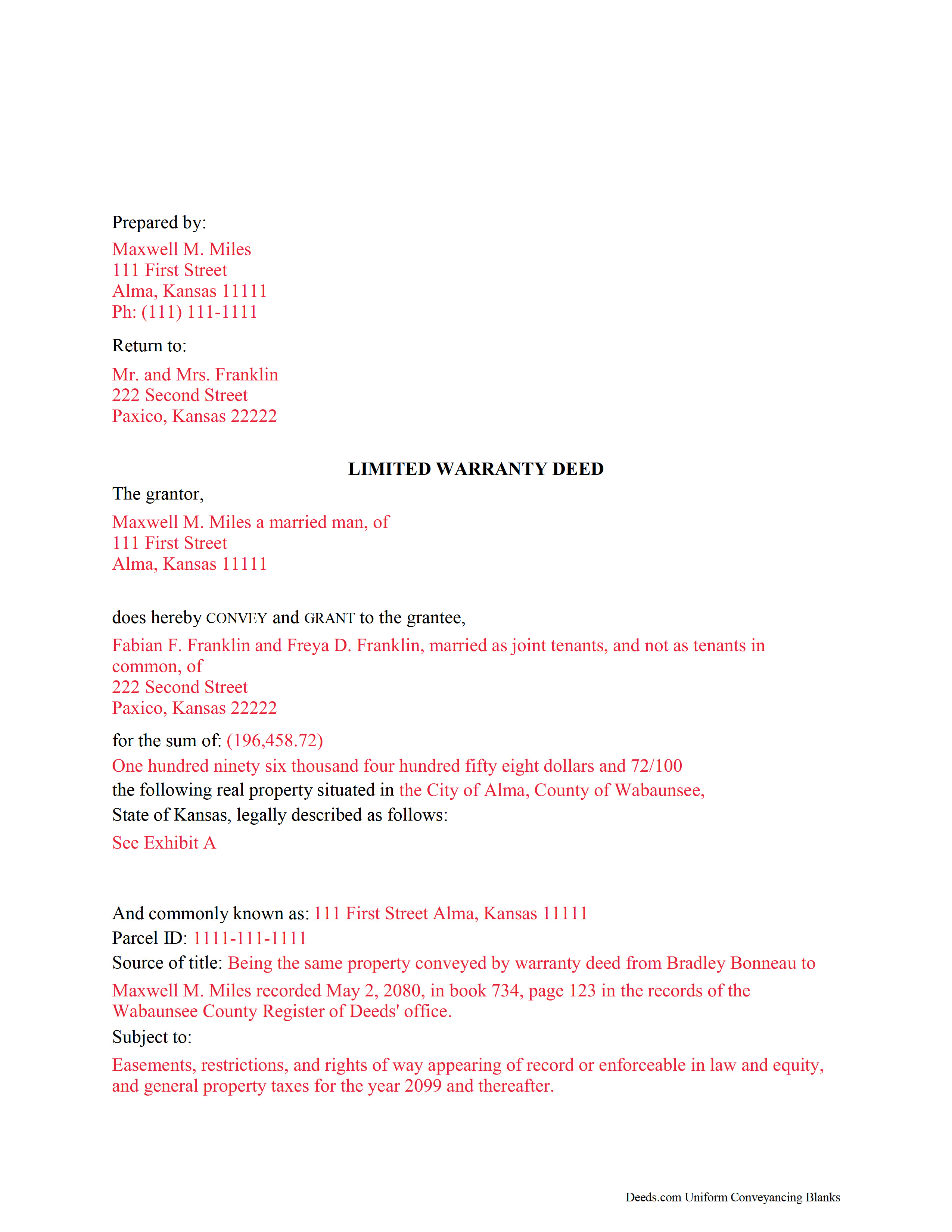Doniphan County Completed Example of the Limited Warranty Deed Document