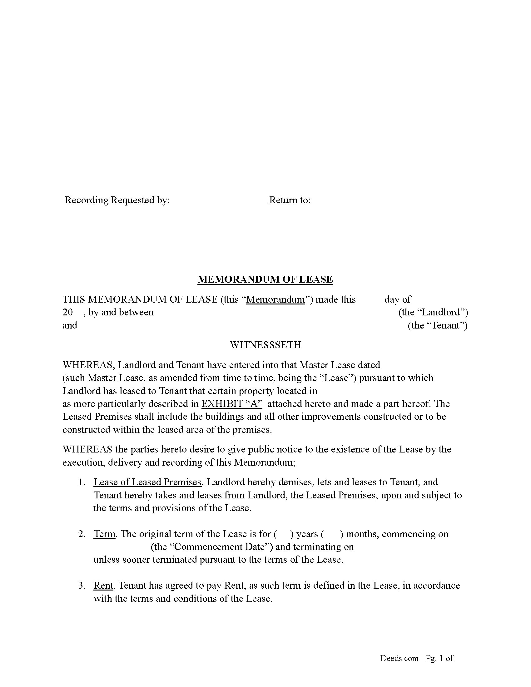 Memorandum of Lease Form
