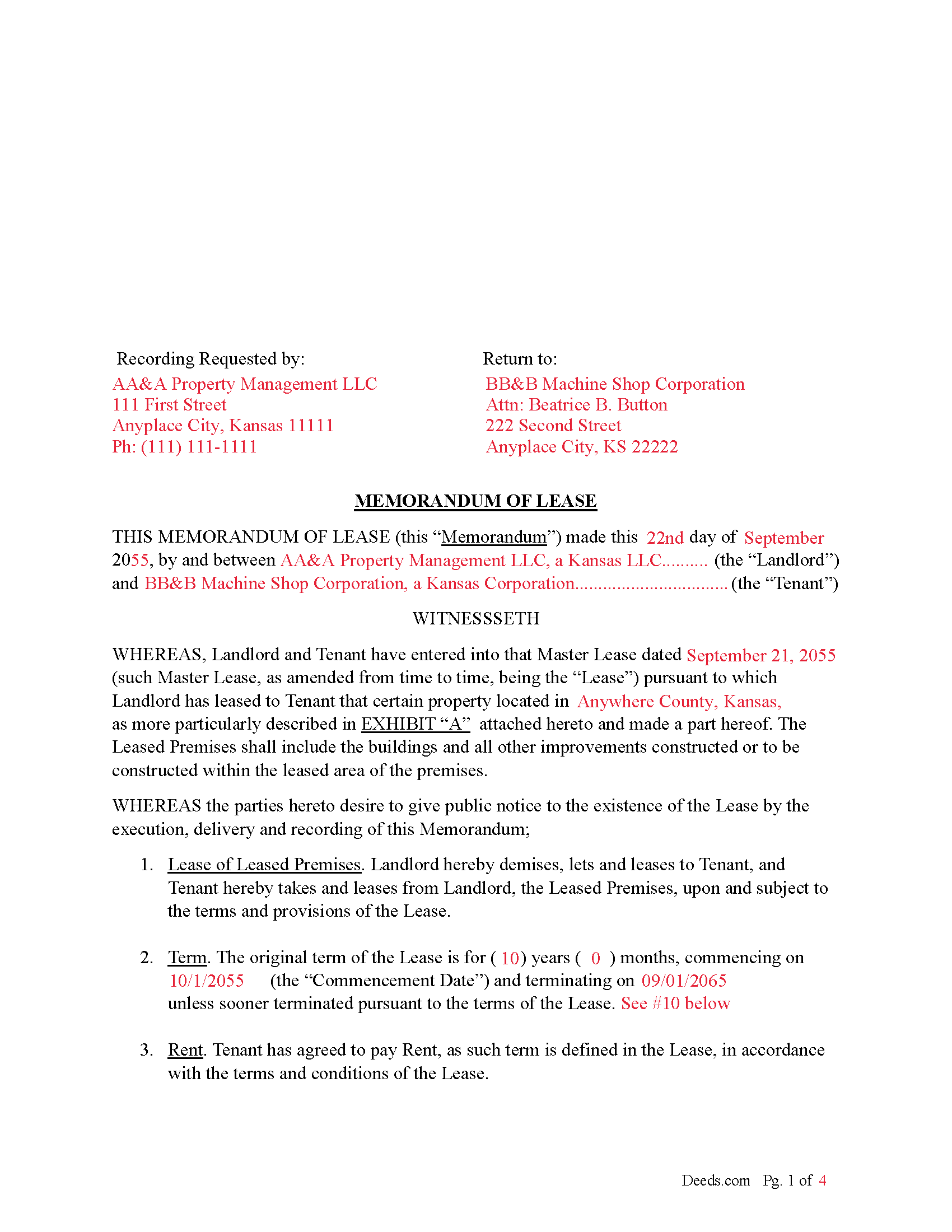 Completed Example of the Memorandum of Lease Document