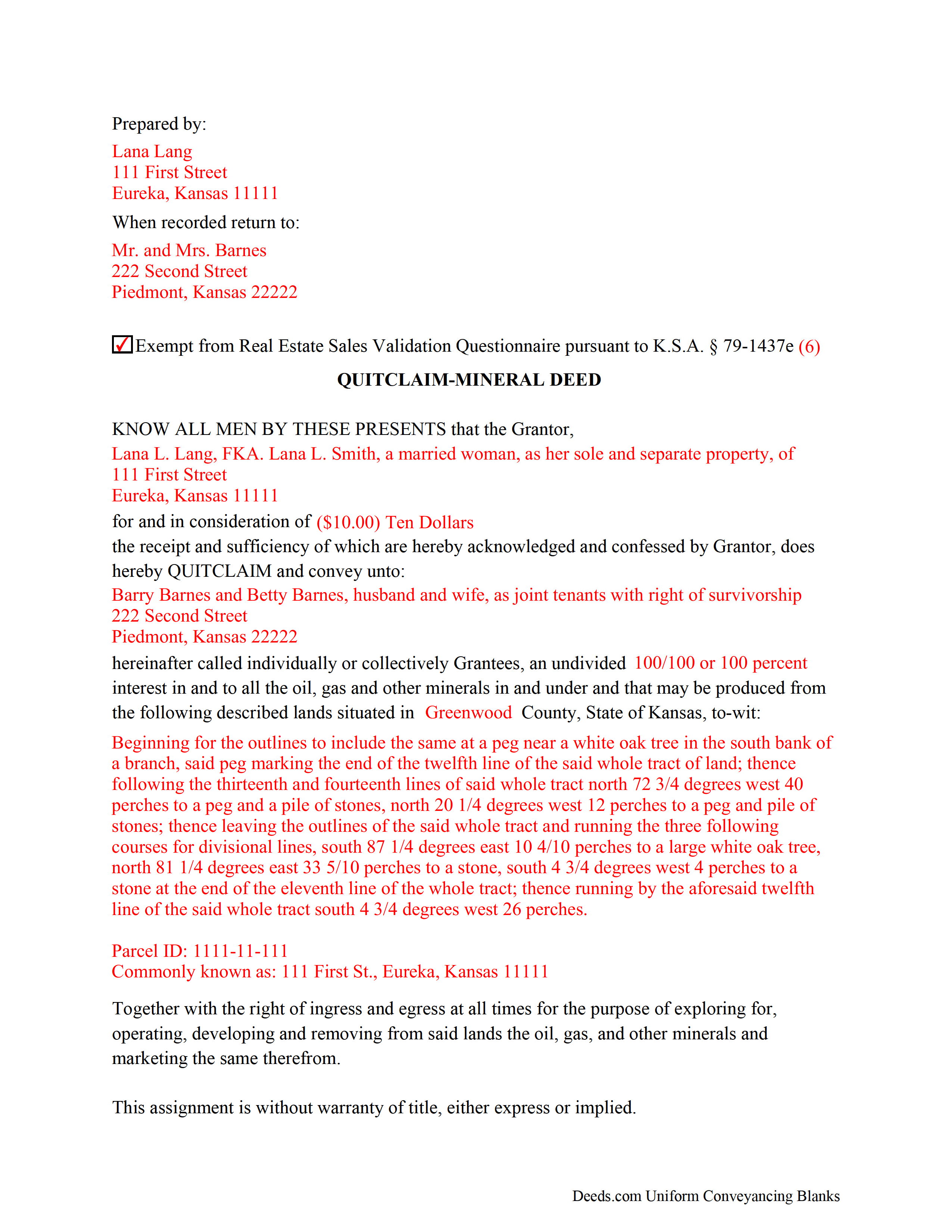 Completed Example of the Mineral Deed with Quitclaim Covenants Document