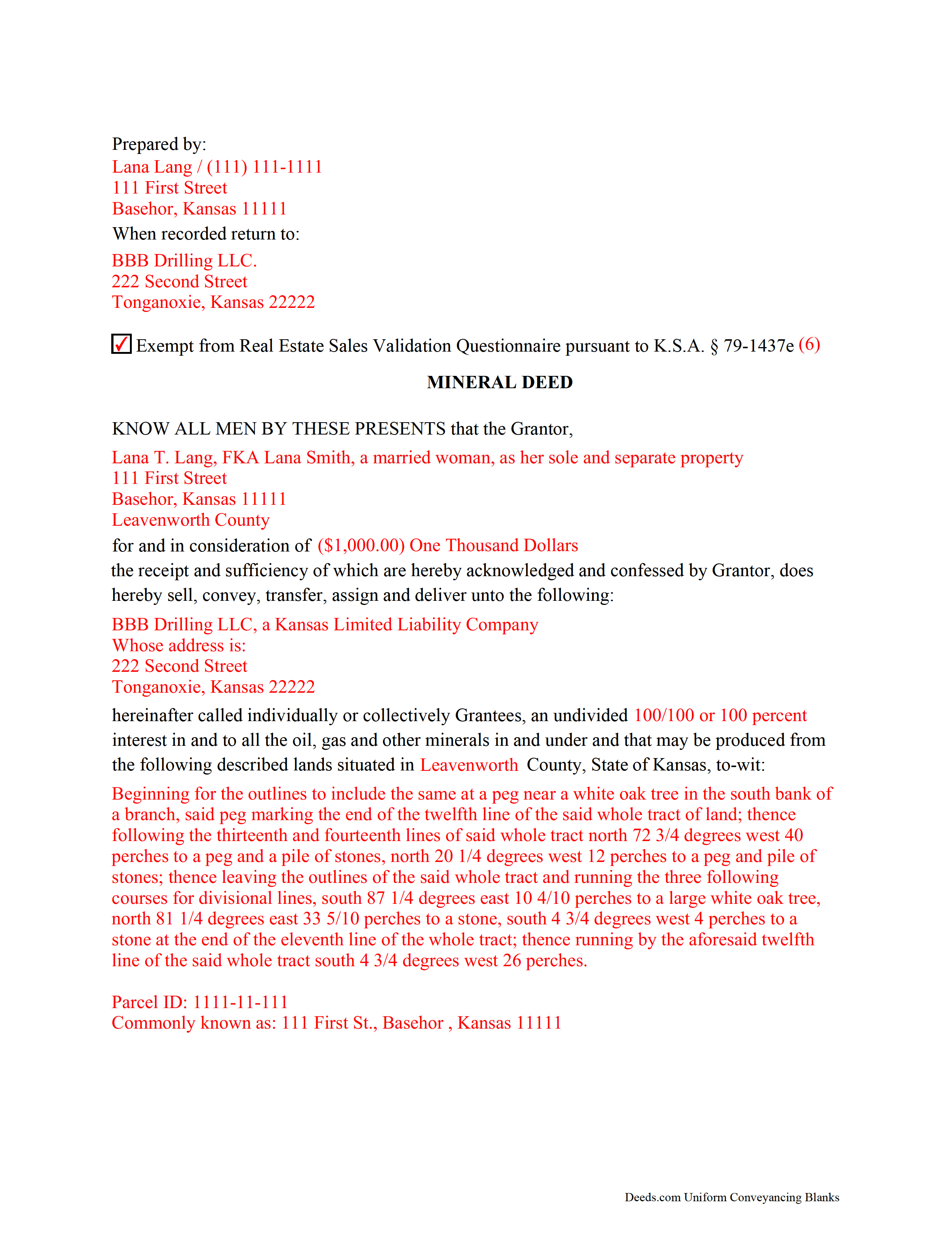 Barber County Completed Example of the Mineral Deed Form