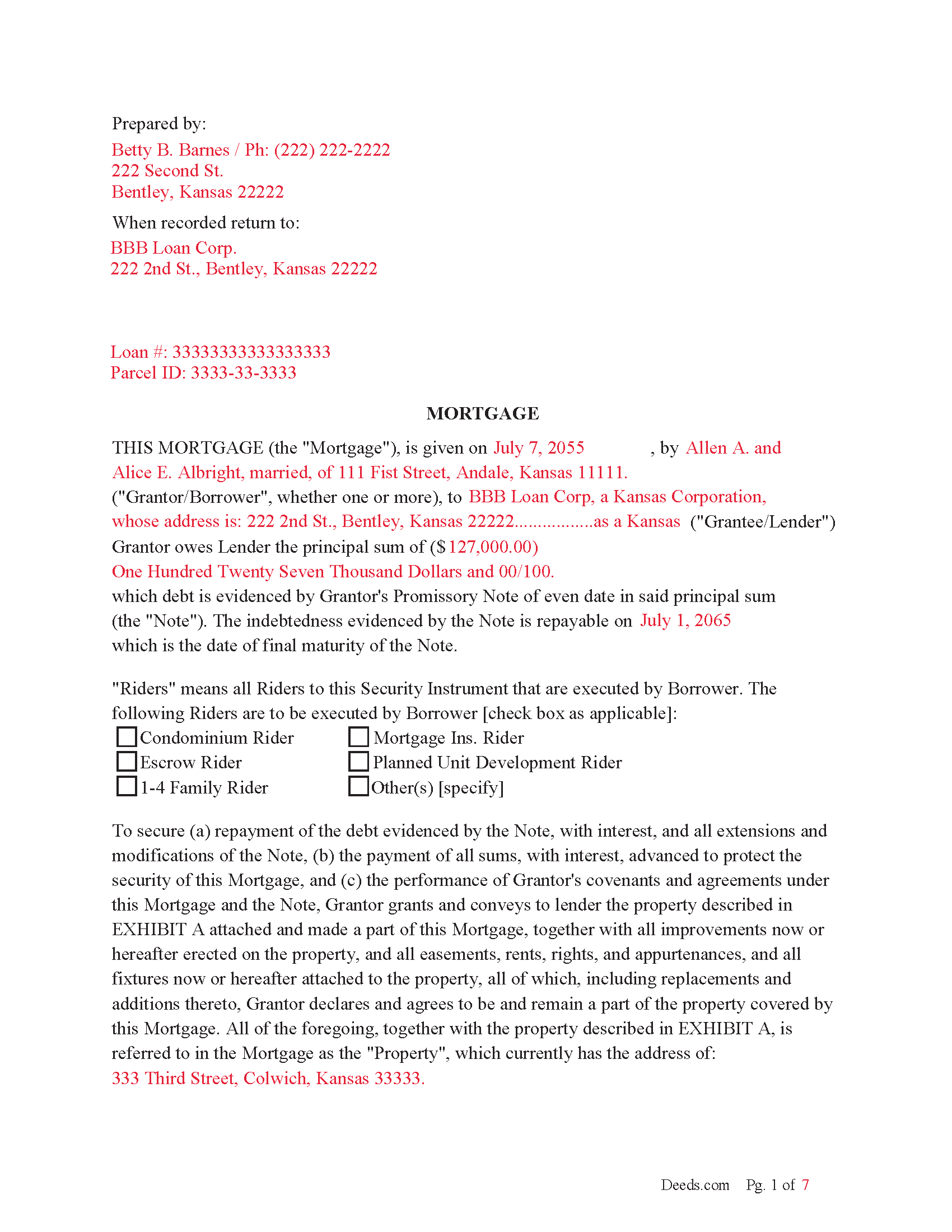 Completed Example of the Mortgage Document