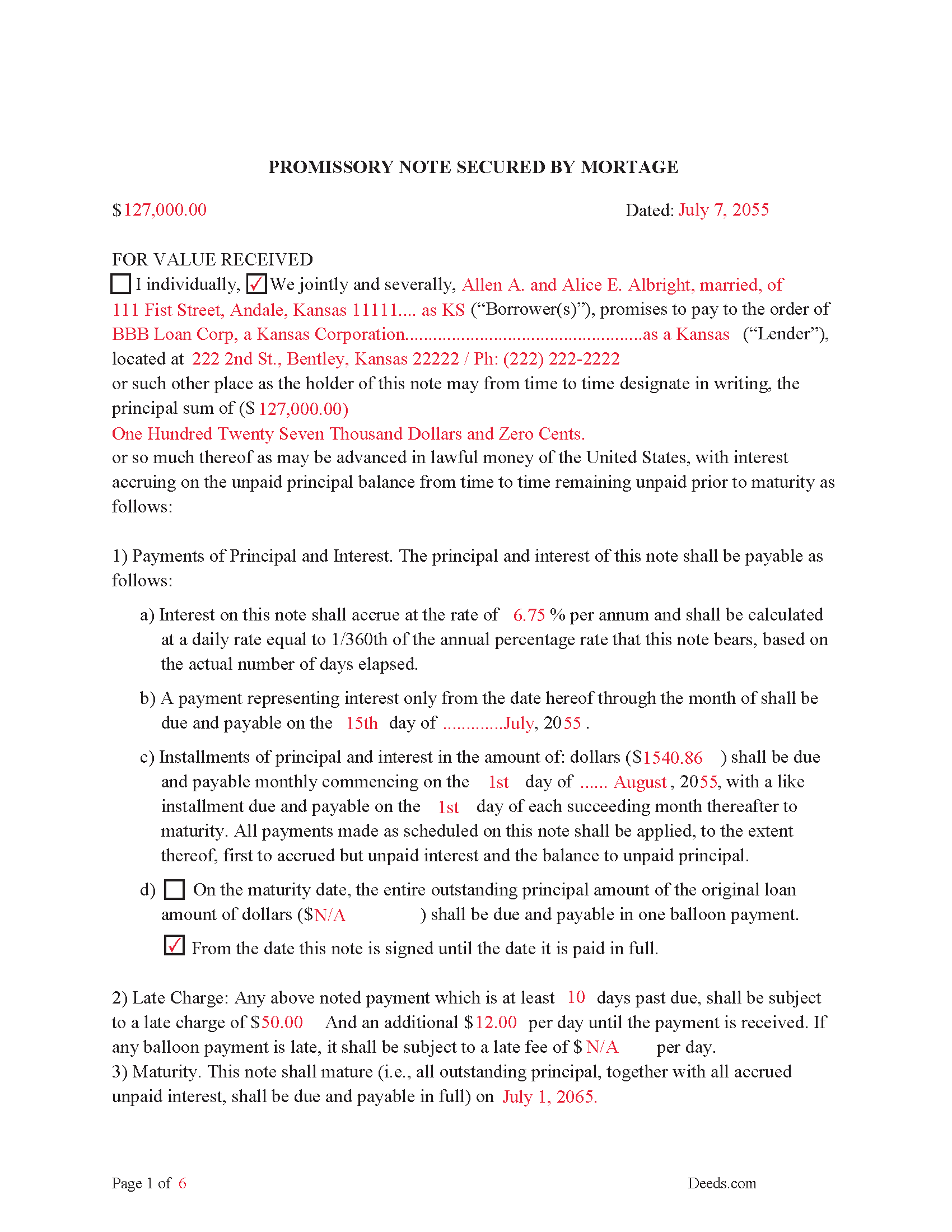 Completed Example of the Promissory Note Document