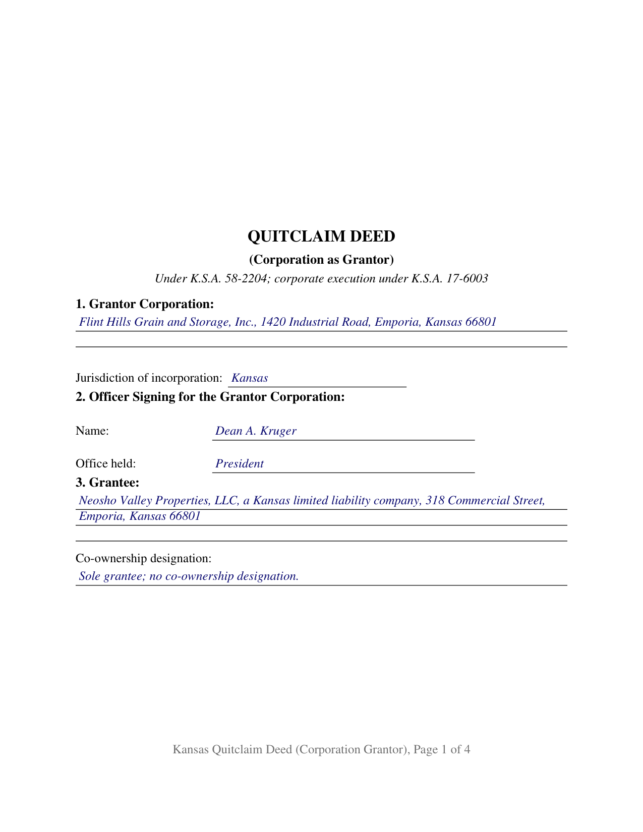 Rice County Completed Example of the Quitclaim Deed (Corporation Grantor) Document