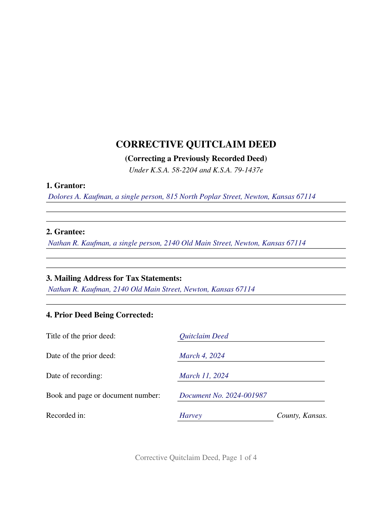 Wichita County Completed Example of the Quitclaim Deed (Corrective) Document