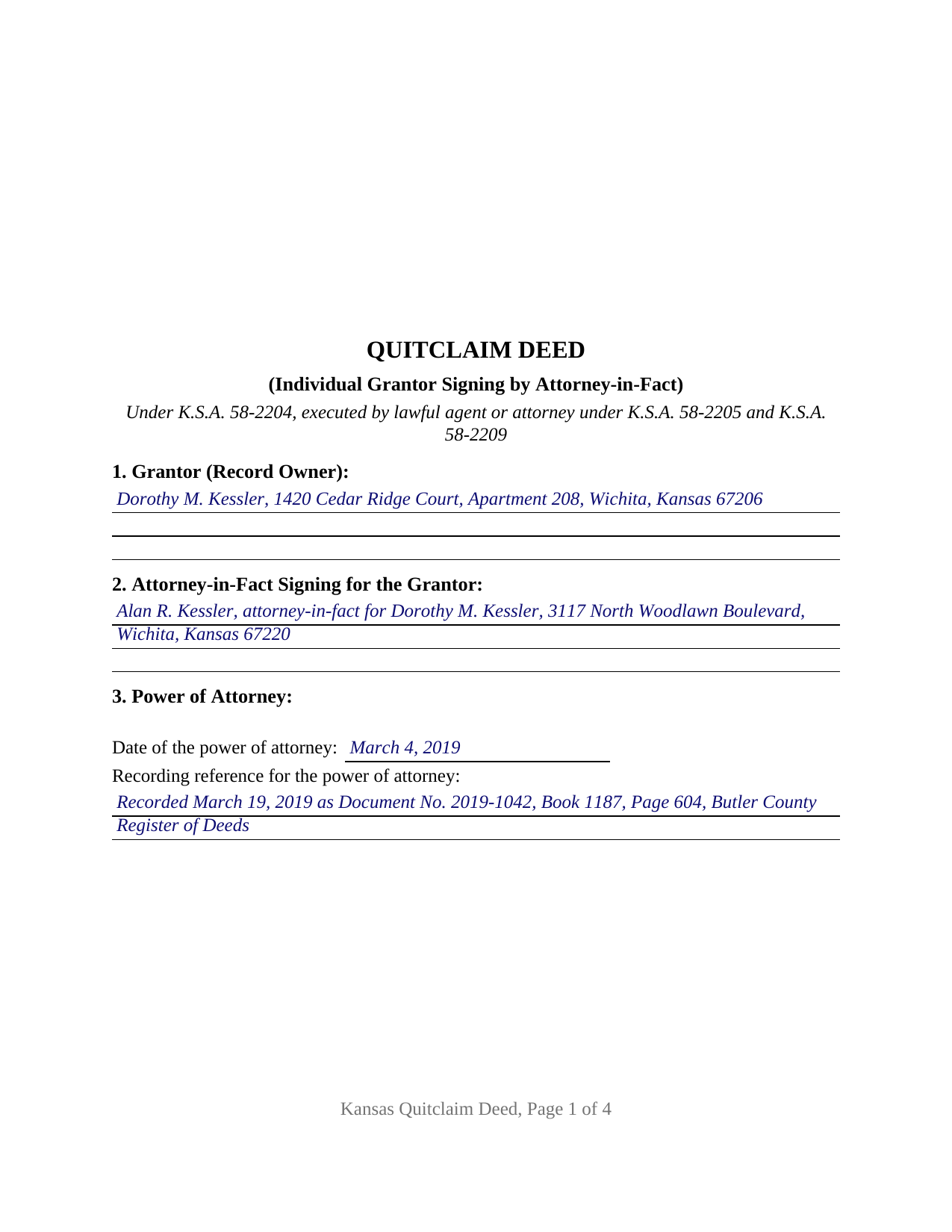 Chase County Completed Example of the Quitclaim Deed (Individual Grantor by Attorney-in-Fact) Document