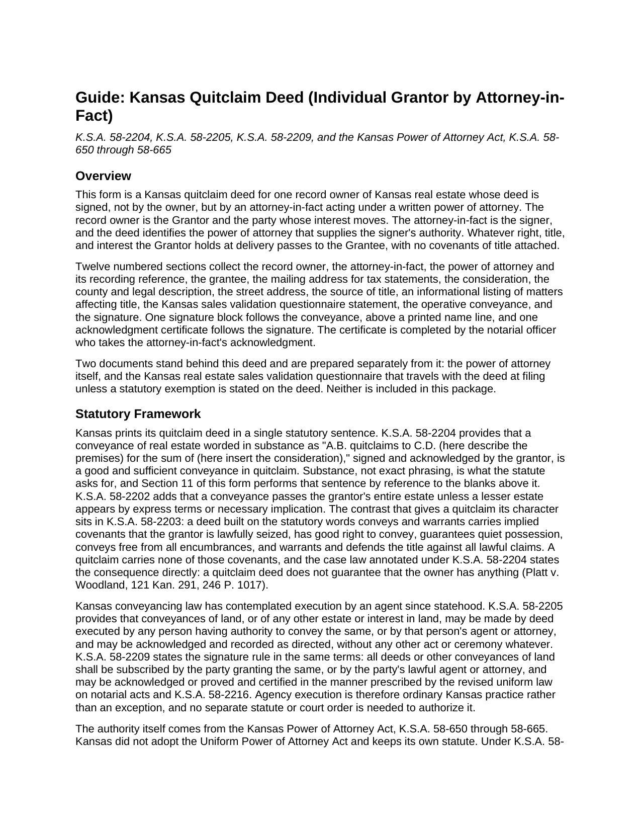 Chase County Quitclaim Deed (Individual Grantor by Attorney-in-Fact) Guide