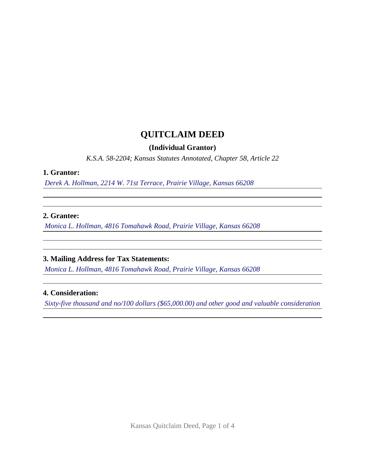 Thomas County Completed Example of the Quitclaim Deed (Individual Grantor) Document