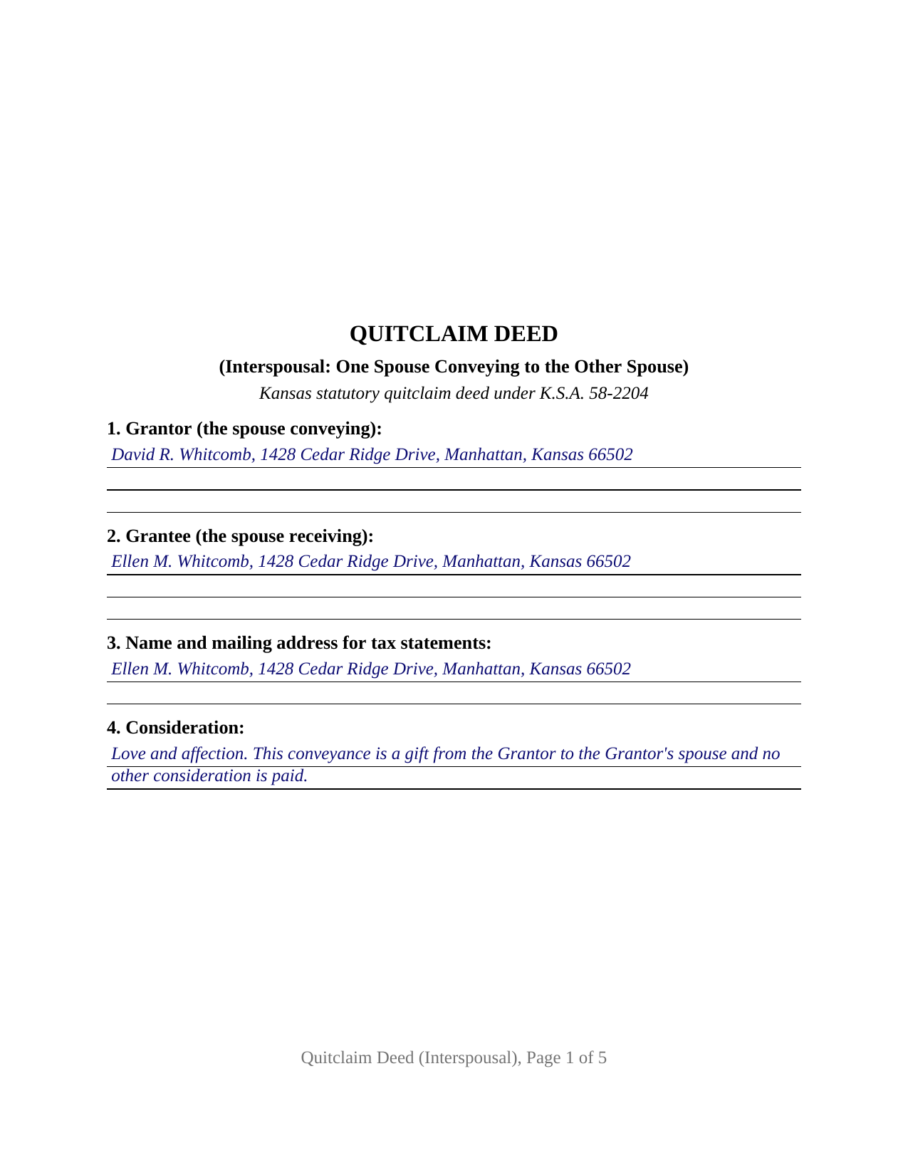Clark County Completed Example of the Quitclaim Deed (Interspousal) Document