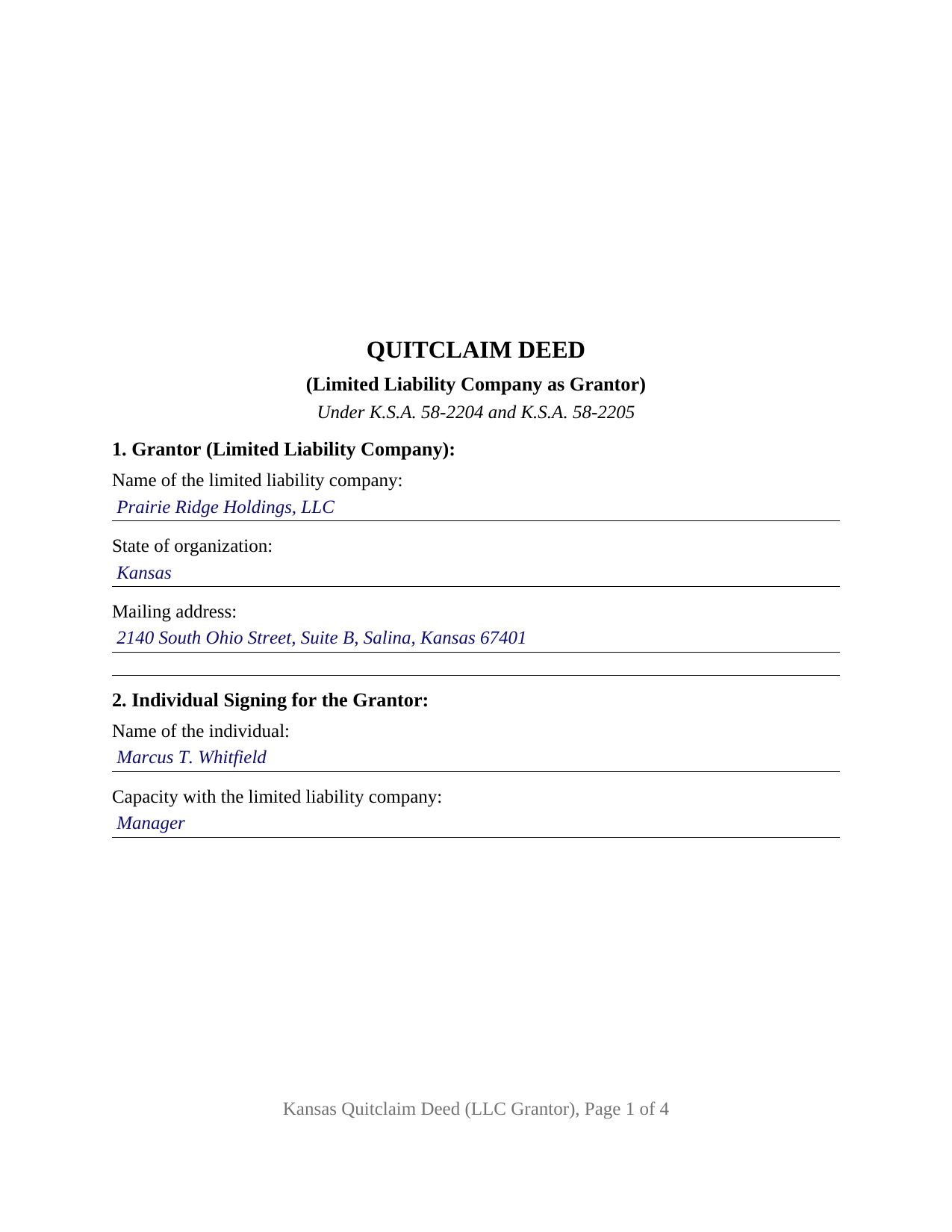 Rush County Completed Example of the Quitclaim Deed (LLC Grantor) Document