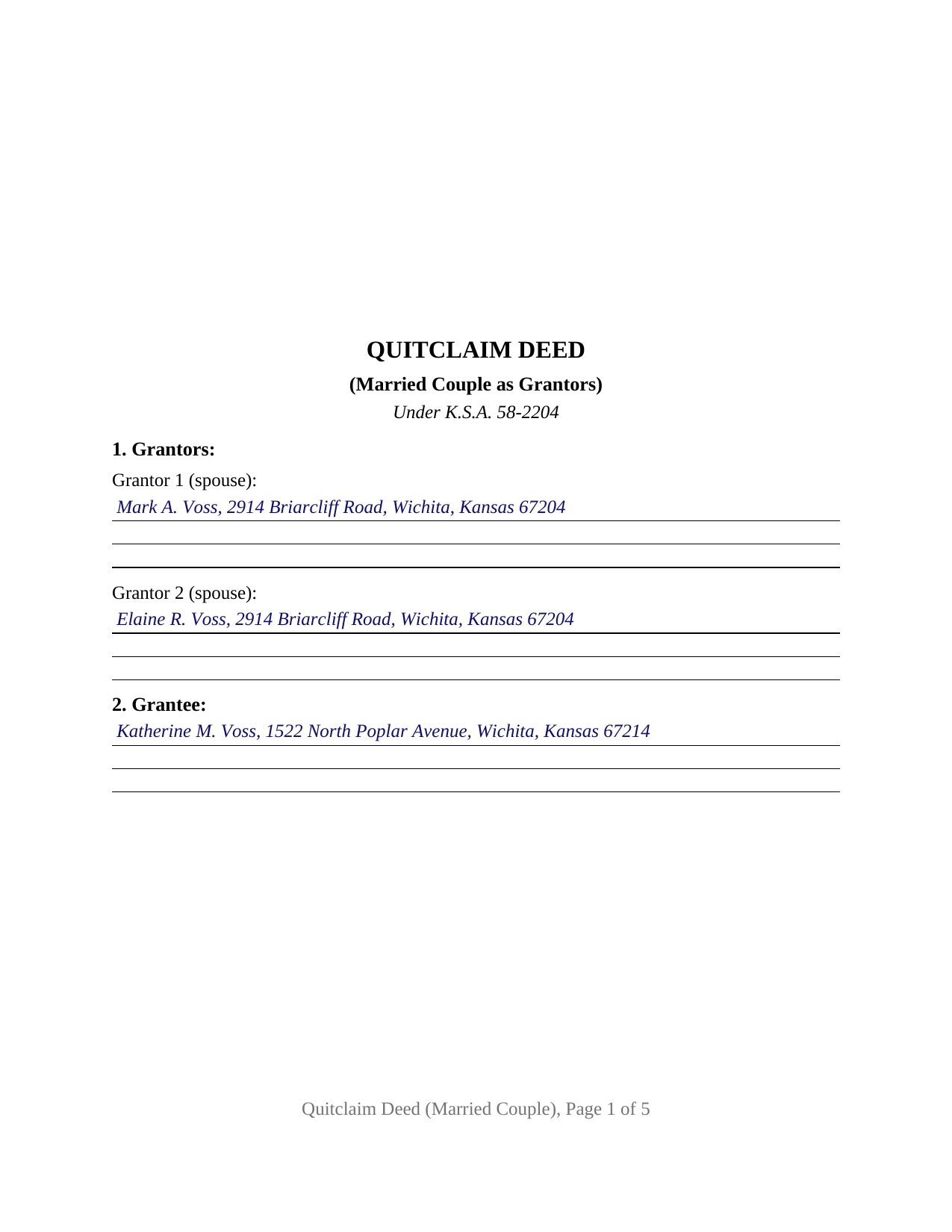 Lane County Completed Example of the Quitclaim Deed (Married Couple as Grantors) Document
