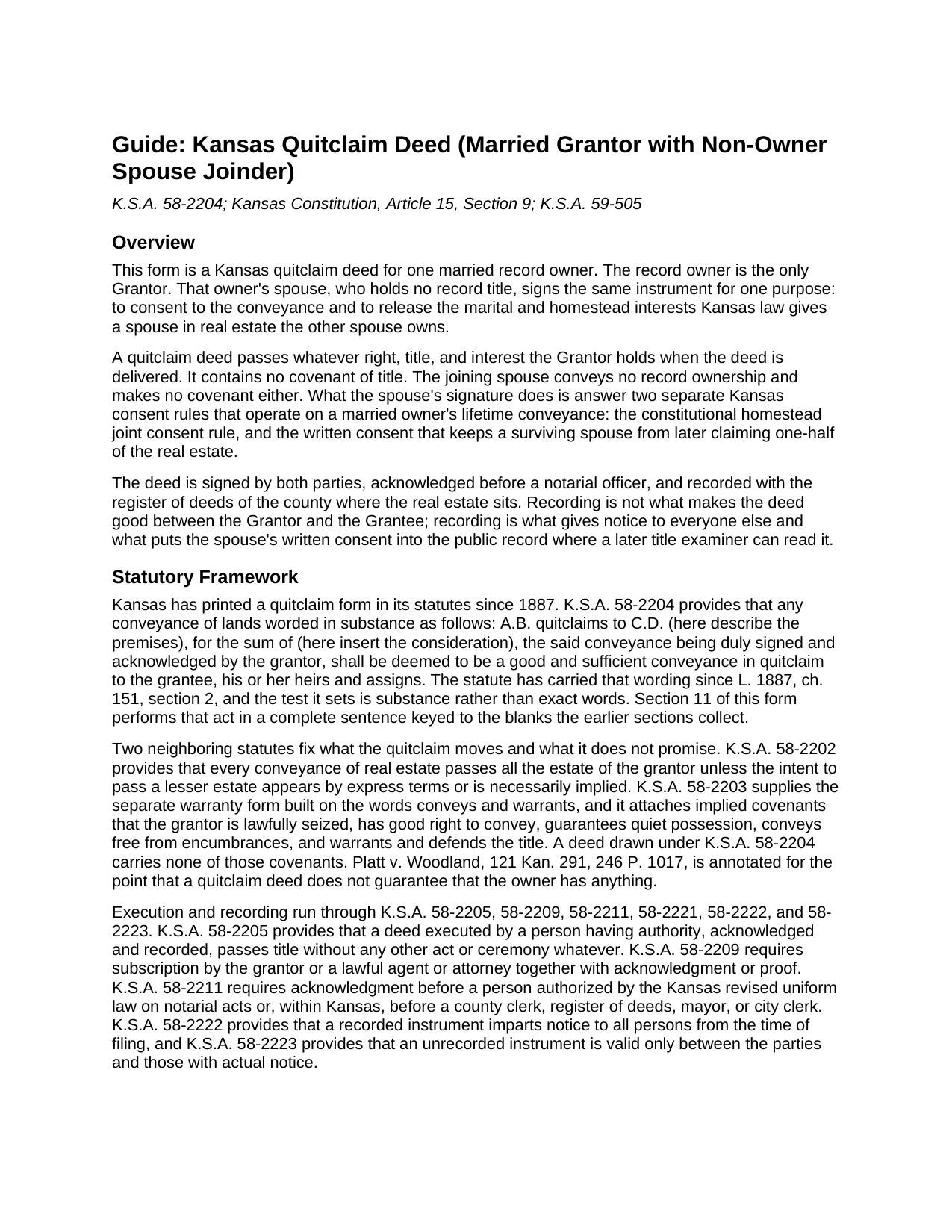 Wyandotte County Quitclaim Deed (Married Grantor with Non-Owner Spouse Joinder) Guide