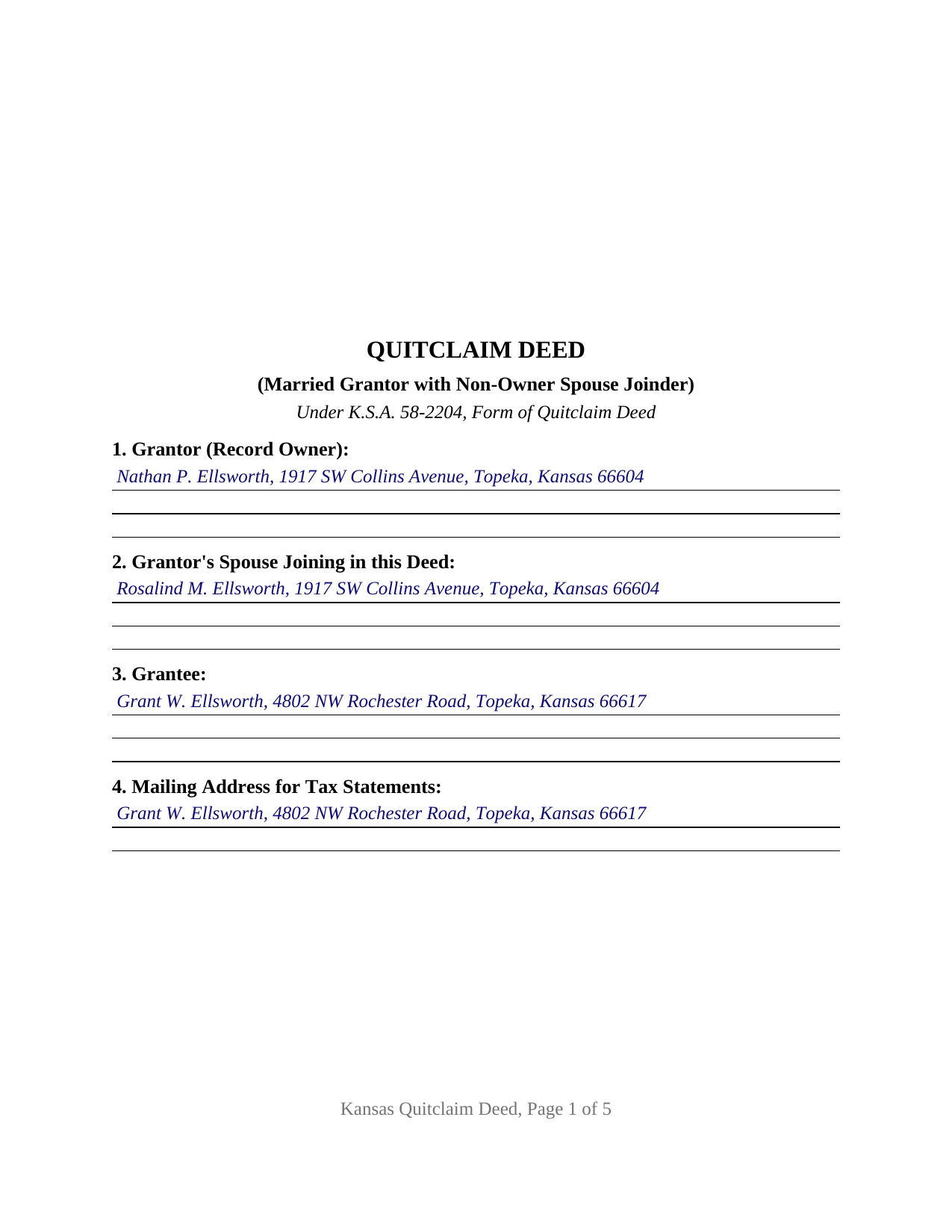 Wyandotte County Completed Example of the Quitclaim Deed (Married Grantor with Non-Owner Spouse Joinder) Document
