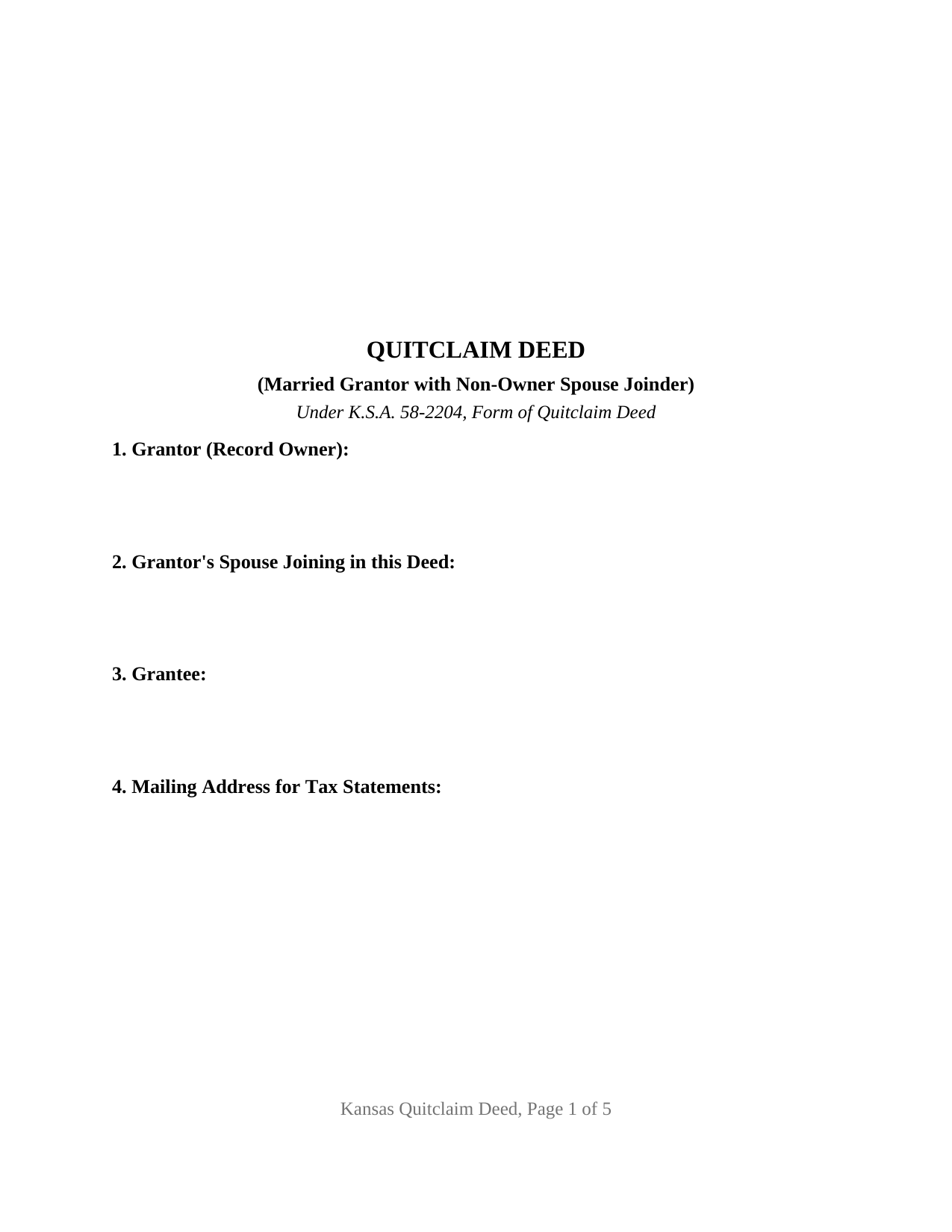 Wyandotte County Quitclaim Deed (Married Grantor with Non-Owner Spouse Joinder) Form