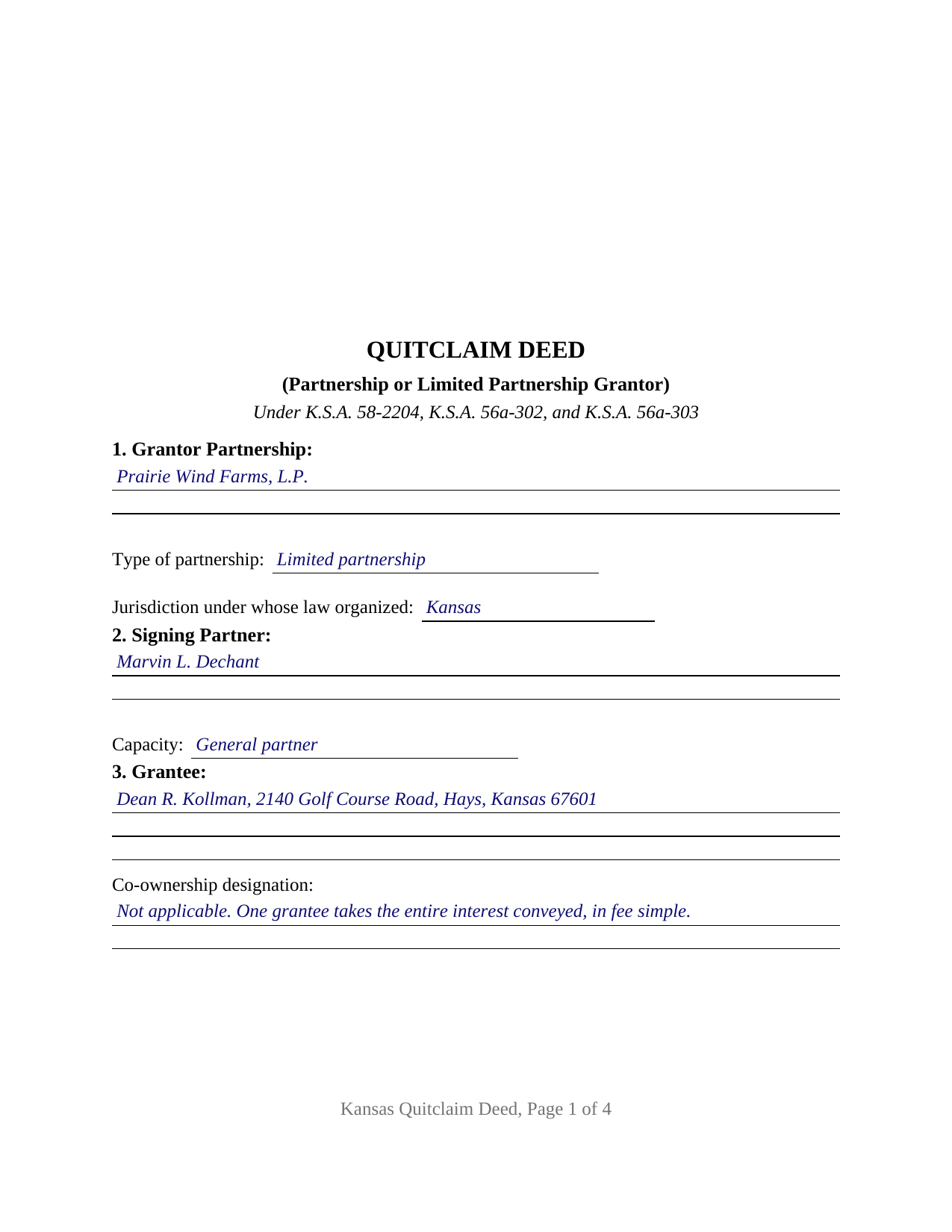 Smith County Completed Example of the Quitclaim Deed (Partnership or Limited Partnership Grantor) Document