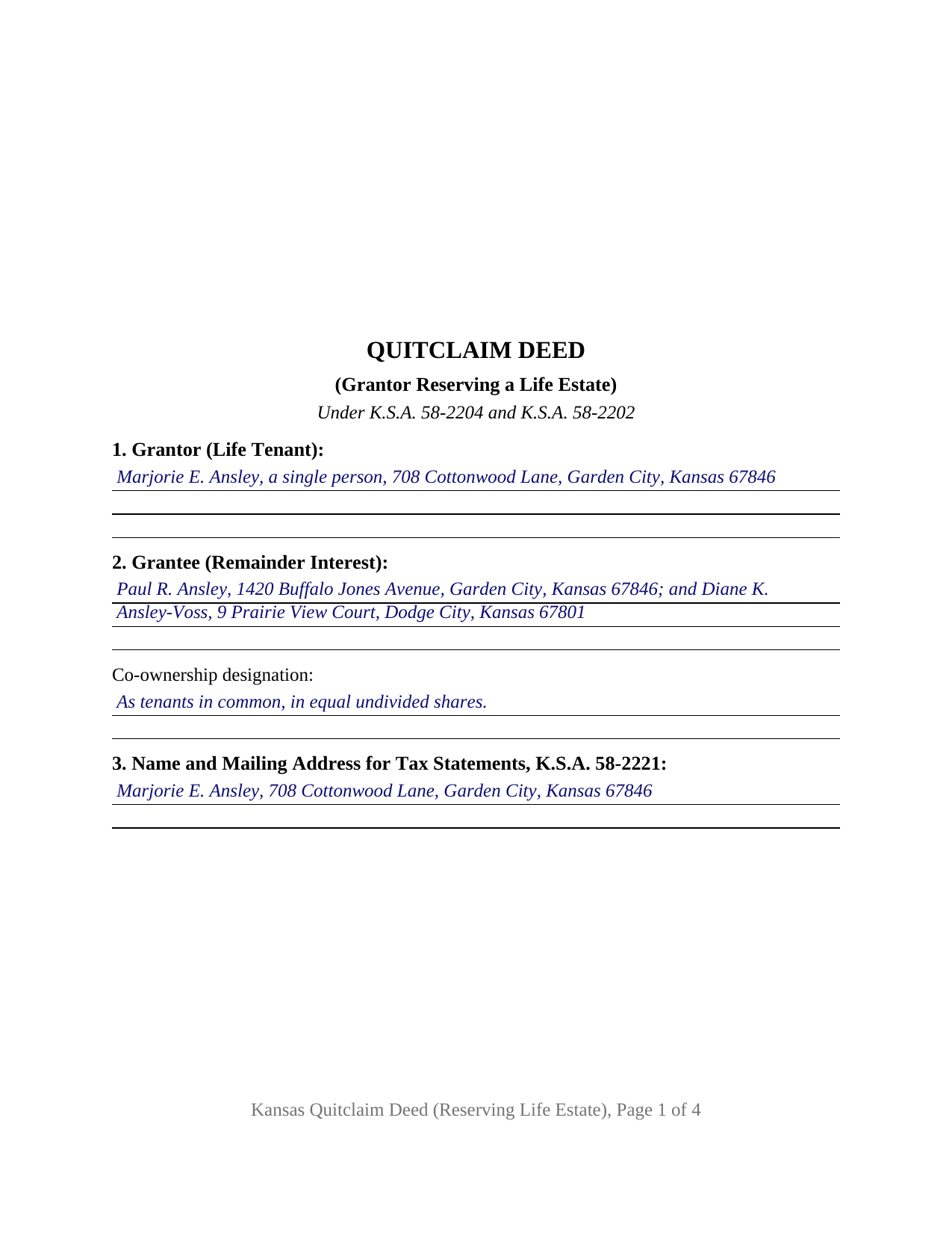 Haskell County Completed Example of the Quitclaim Deed (Reserving Life Estate) Document
