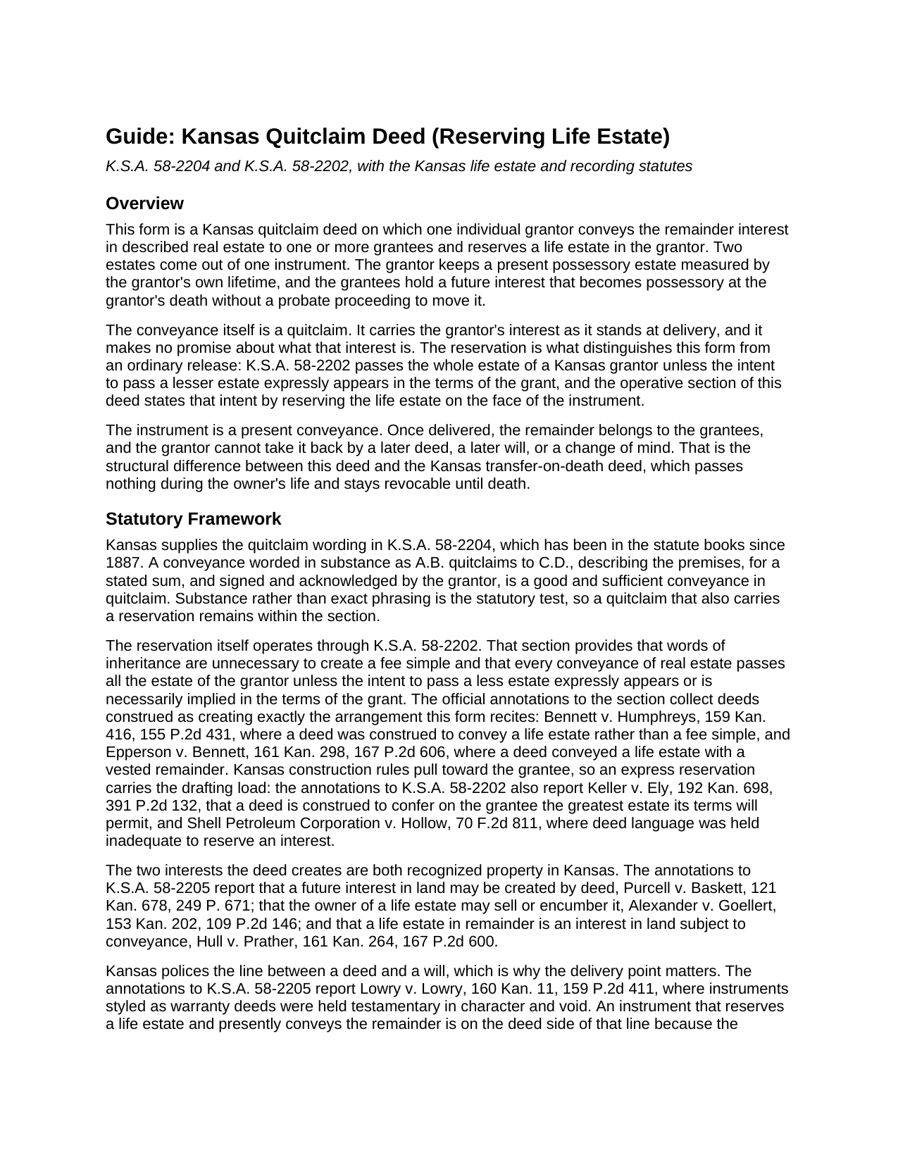 Haskell County Quitclaim Deed (Reserving Life Estate) Guide