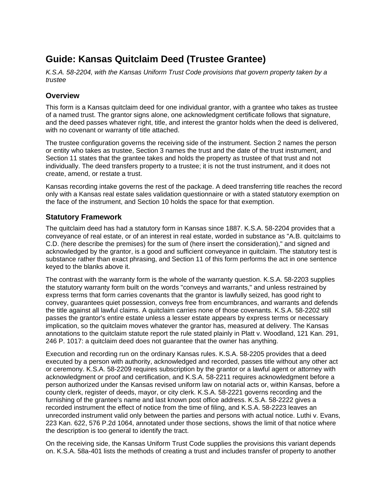 Cherokee County Quitclaim Deed (Trustee Grantee) Guide