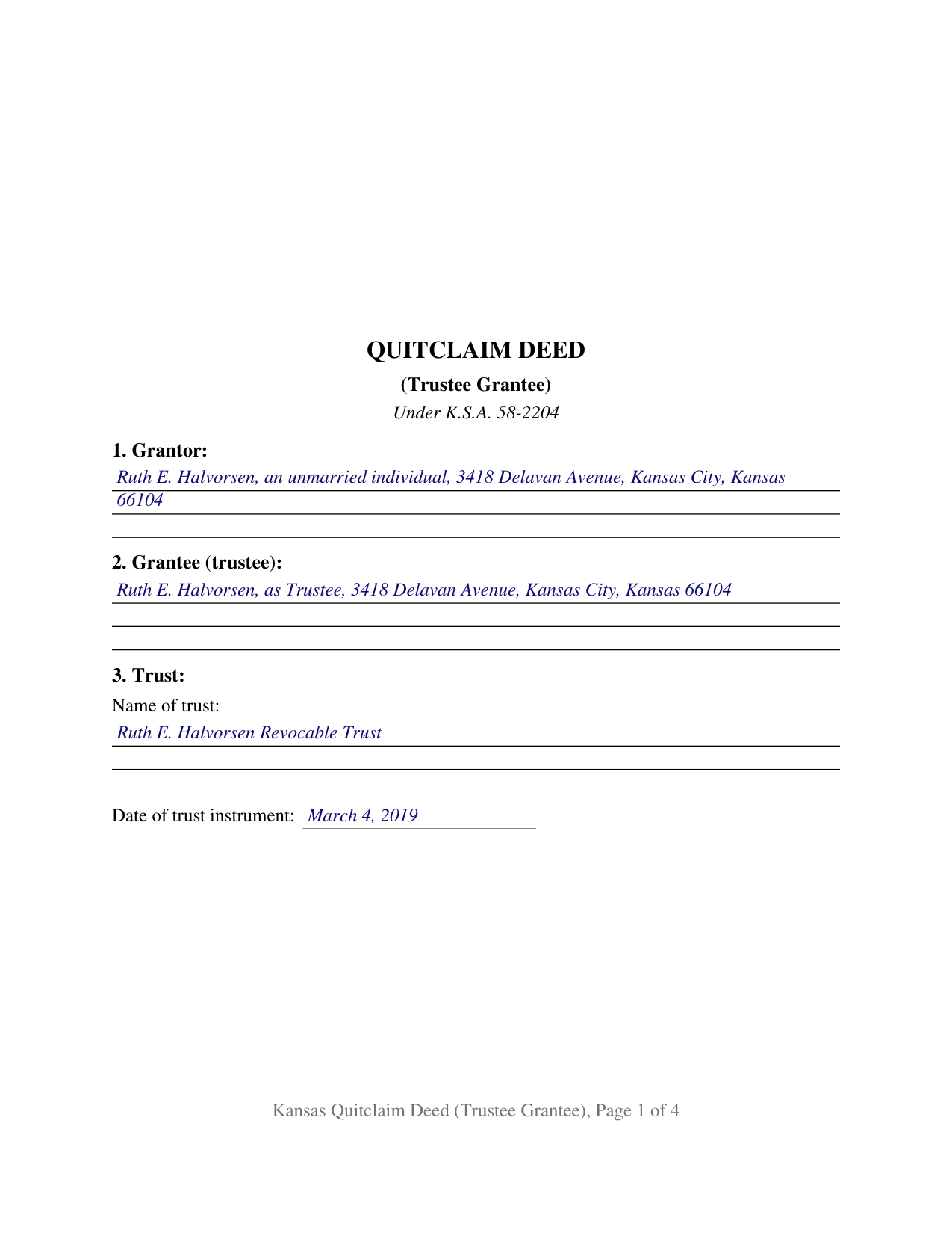 Cherokee County Completed Example of the Quitclaim Deed (Trustee Grantee) Document