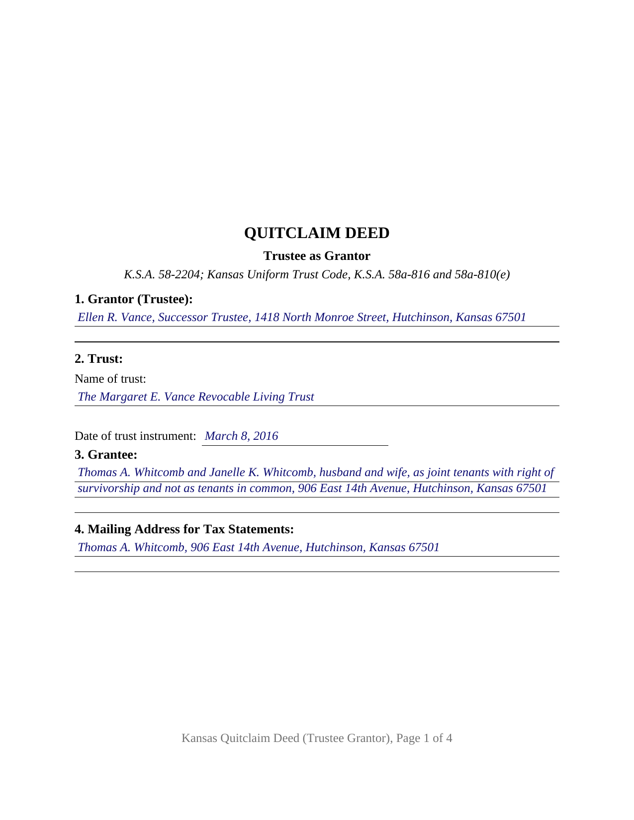 Jefferson County Completed Example of the Quitclaim Deed (Trustee Grantor) Document