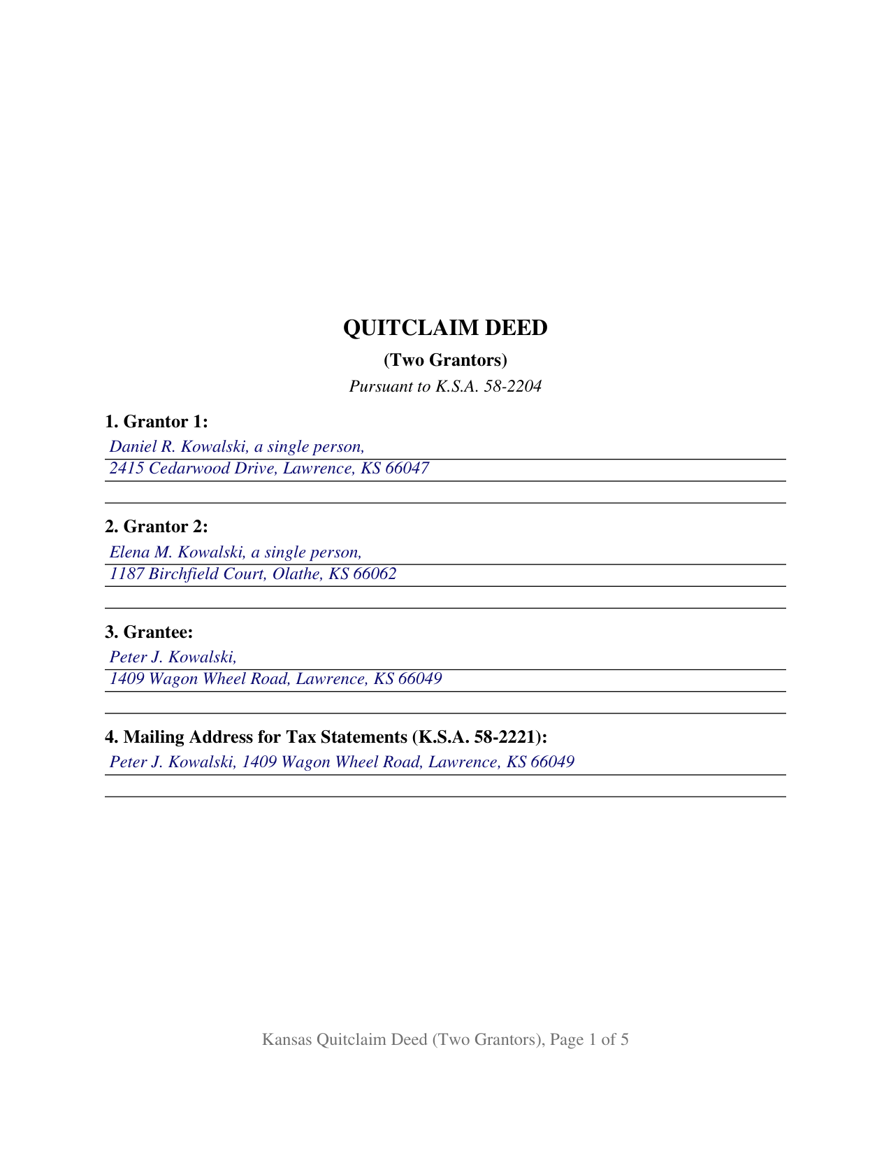 Wyandotte County Completed Example of the Quitclaim Deed (Two Grantors) Document