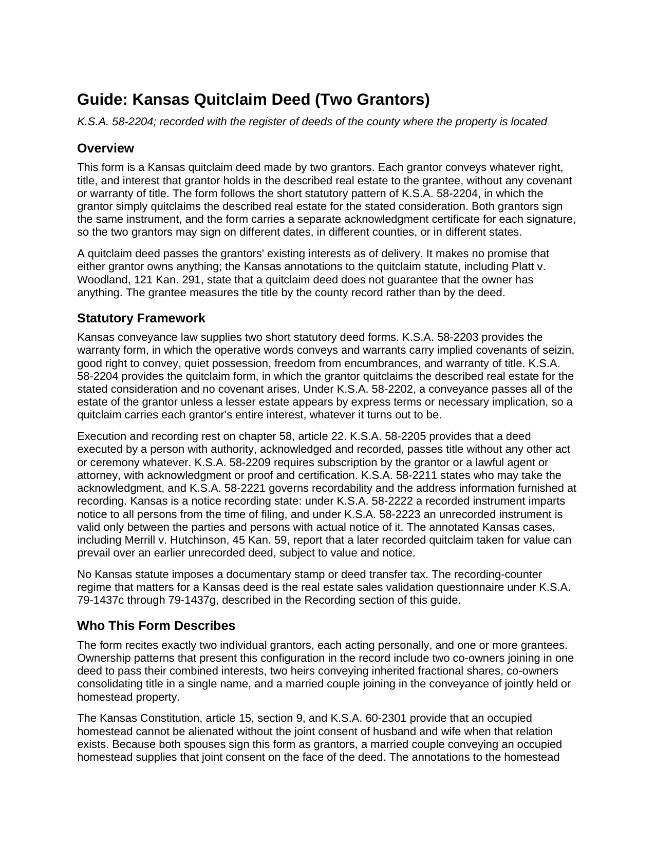 Wyandotte County Quitclaim Deed (Two Grantors) Guide