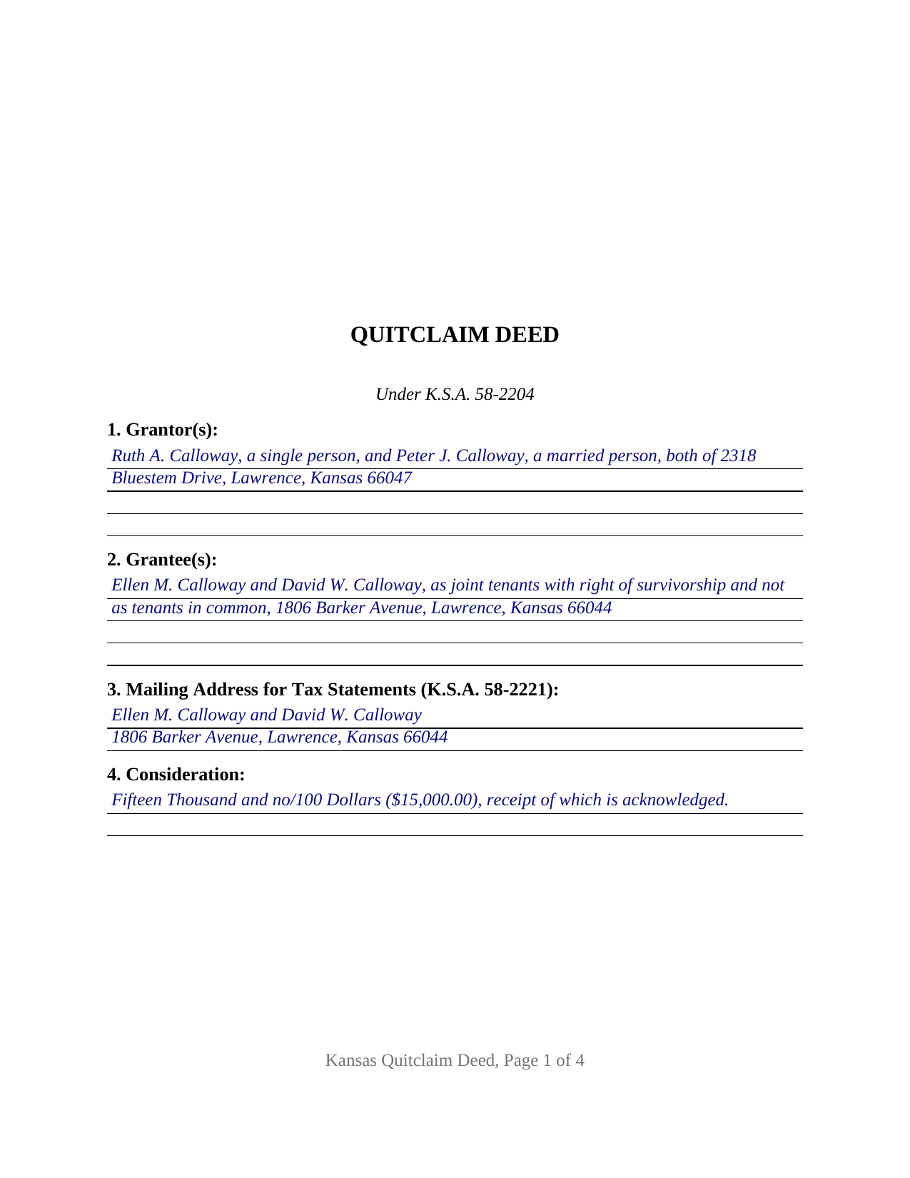 Leavenworth County Completed Example of the Quitclaim Deed Document